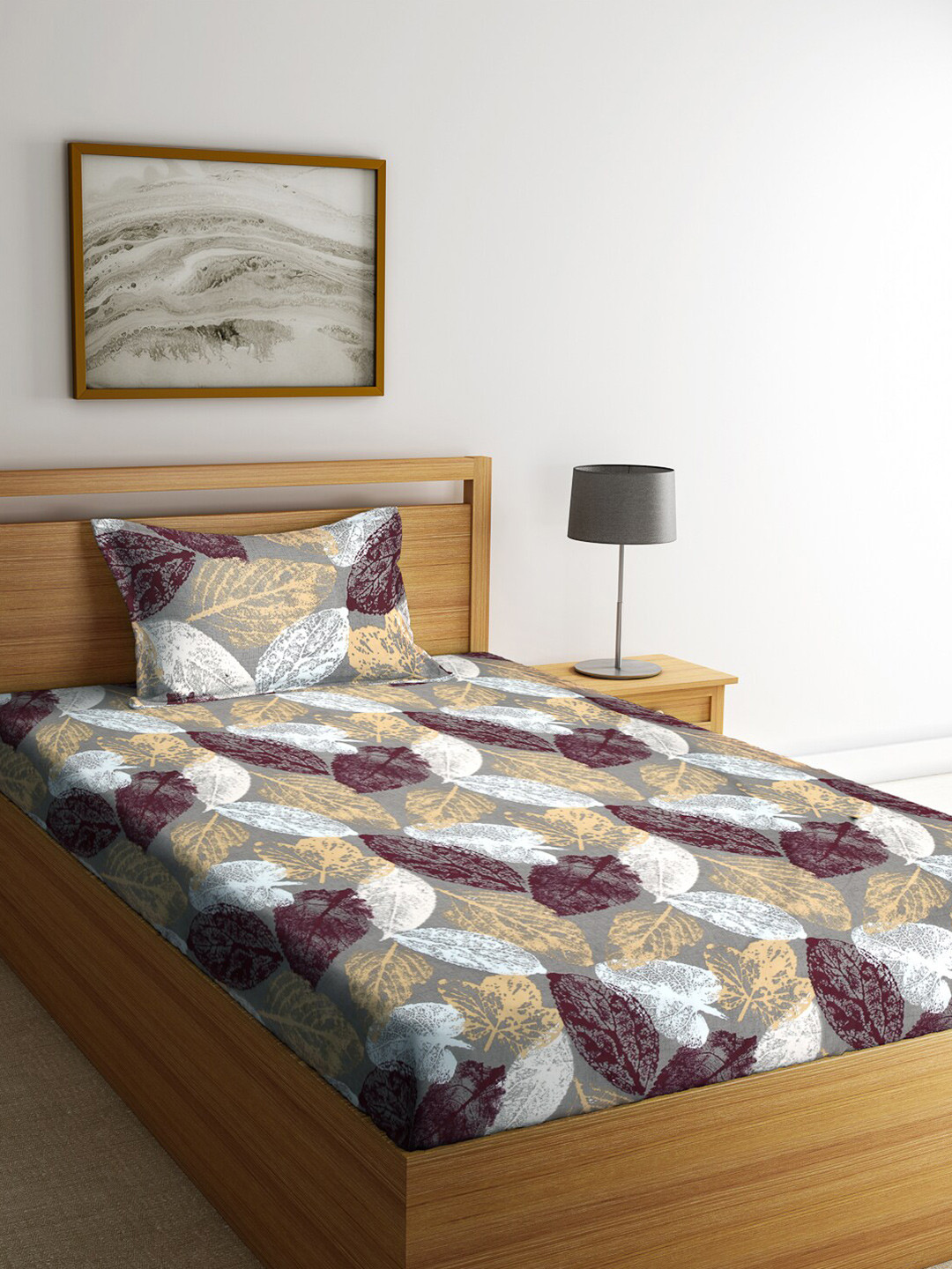 Arrabi Multicoloured Leaf Polycotton Skin-Friendly 300 TC Single Fine Bedsheet with a Pillow Cover-89 x 59 inches