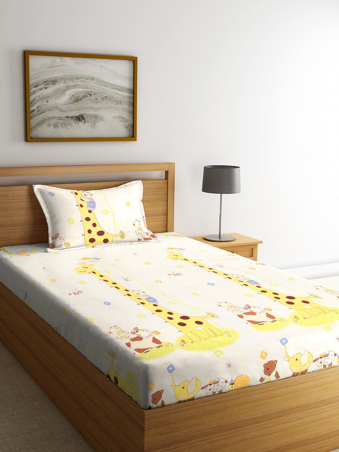 Arrabi Yellow Graphic Polycotton 300 TC Single Fine Bedsheet with a Pillow Cover-59 x 87 inches