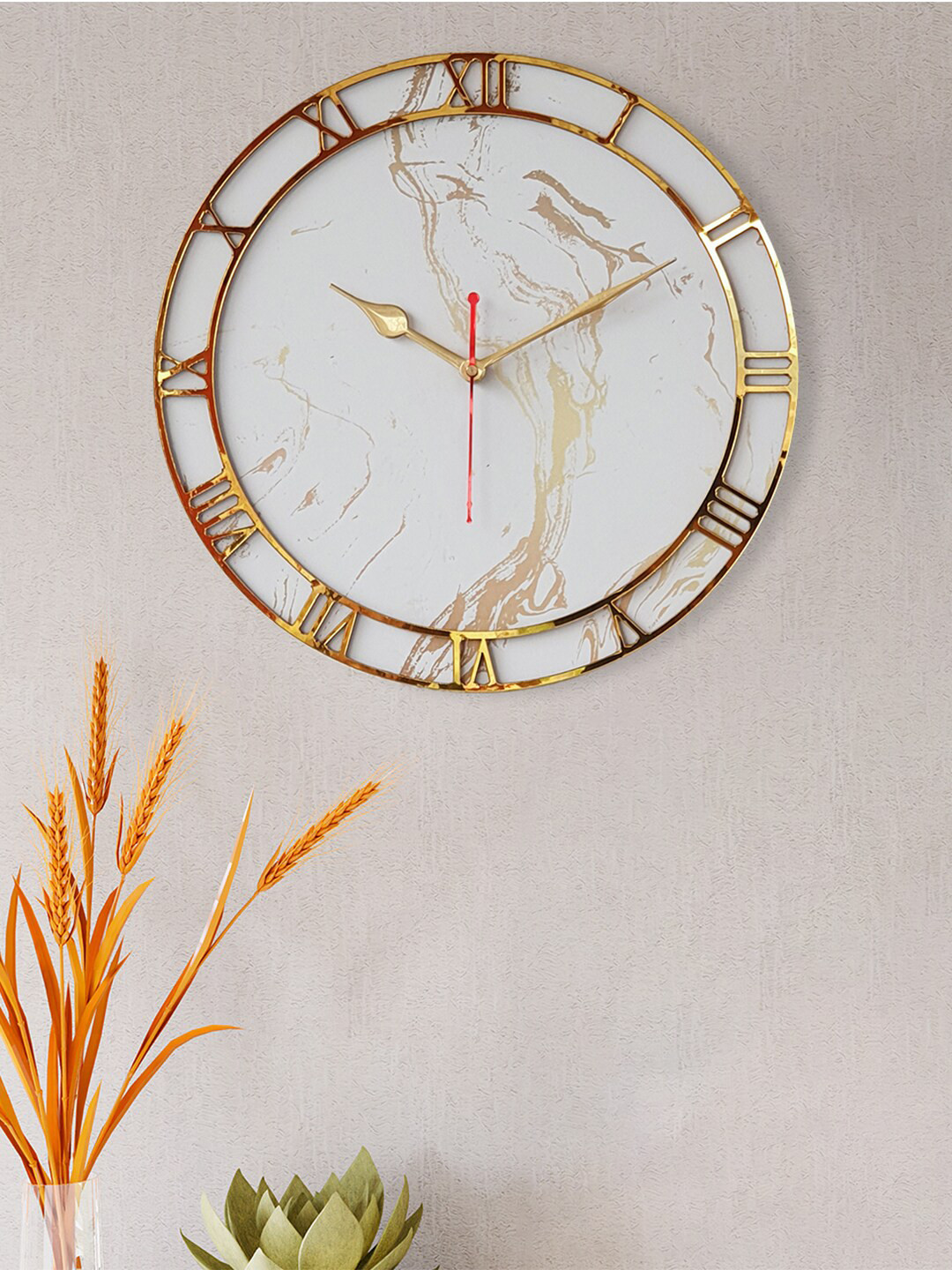 Art Street White & Gold-Toned Printed Marble Finish Round Vintage Wall Clock