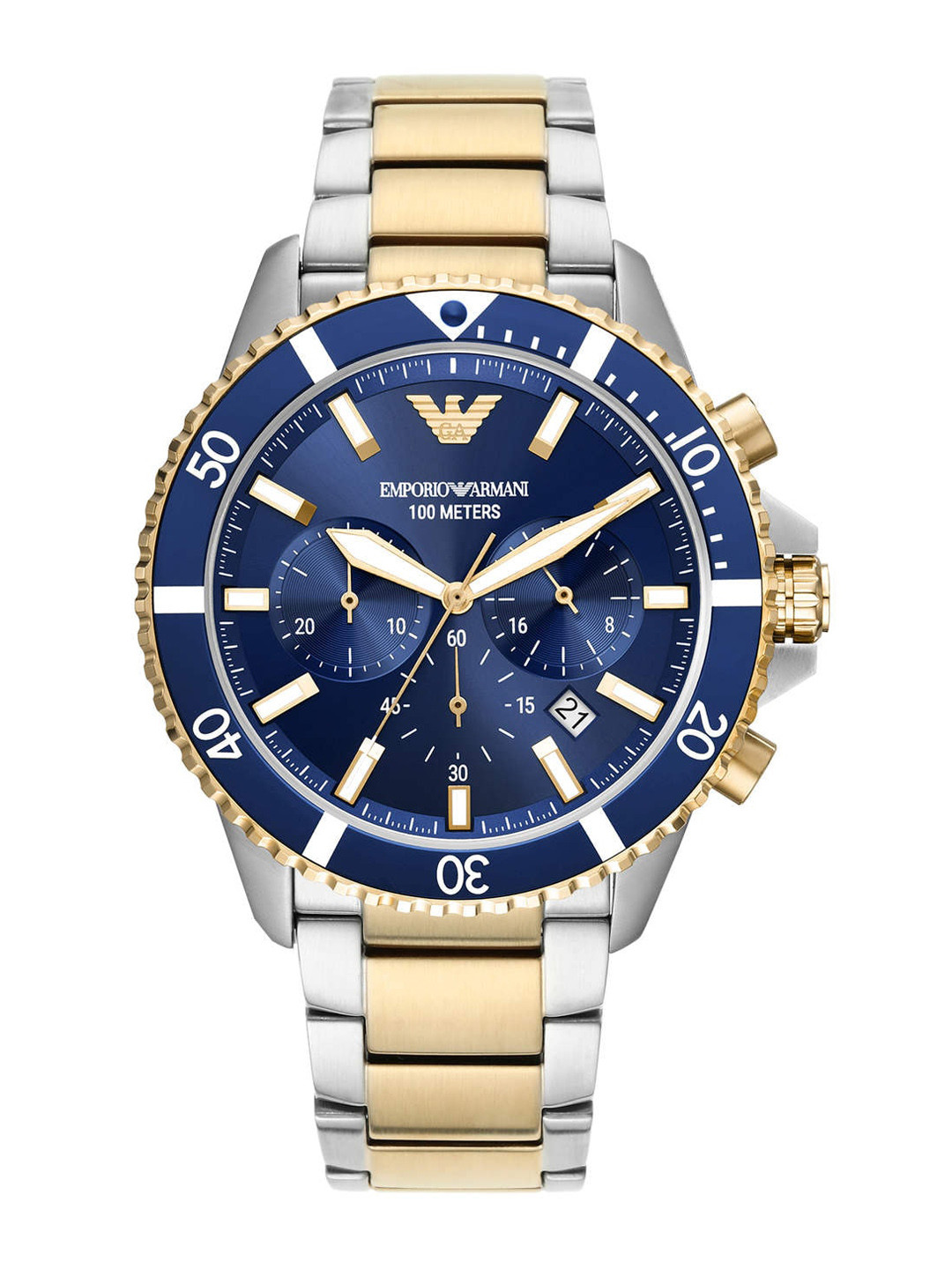 Emporio Armani Men Blue Dial & Gold-Toned Stainless Steel Straps Analogue Watch AR11362