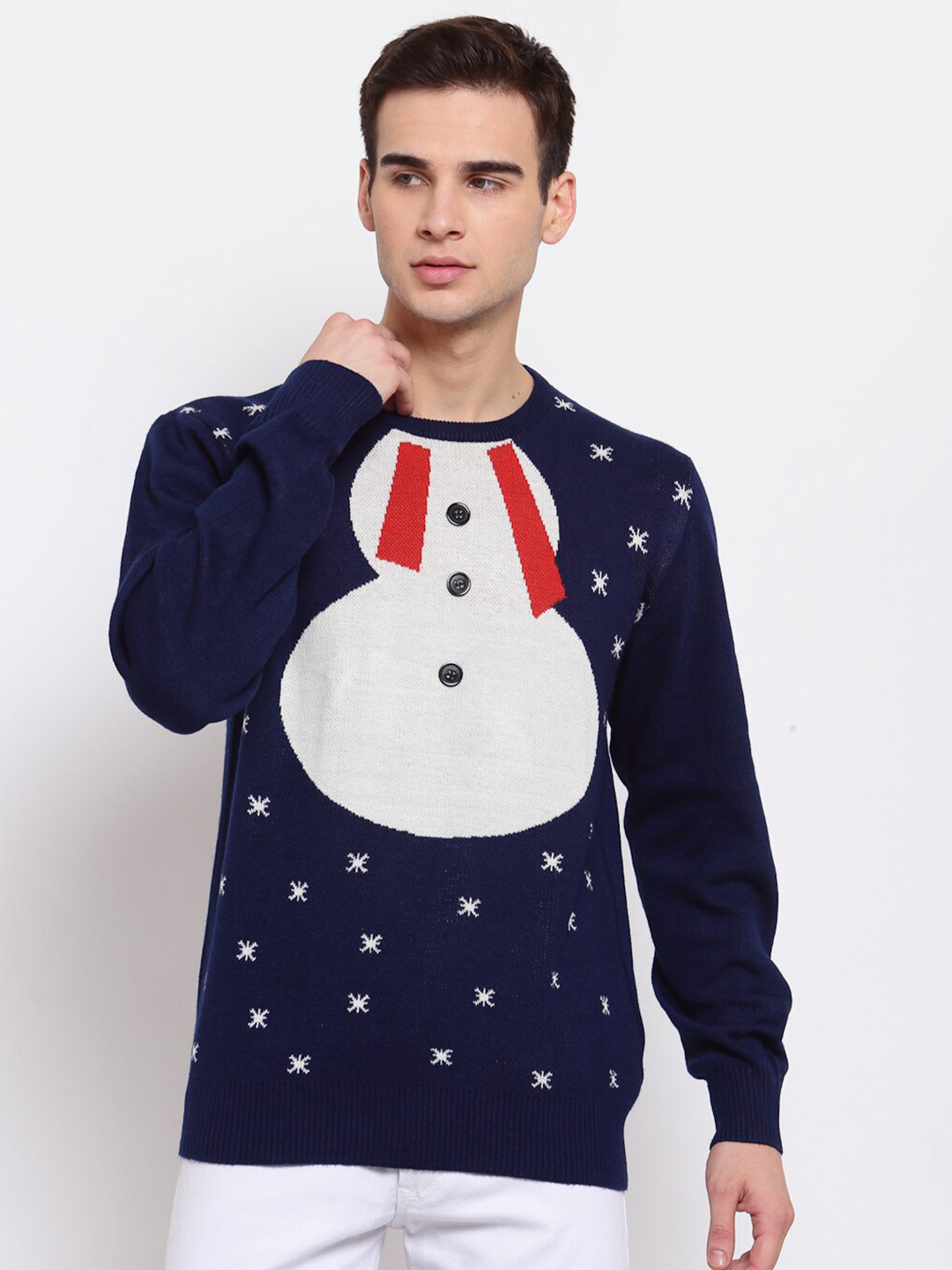 Style Quotient Men Navy Blue & White Christmas Pullover