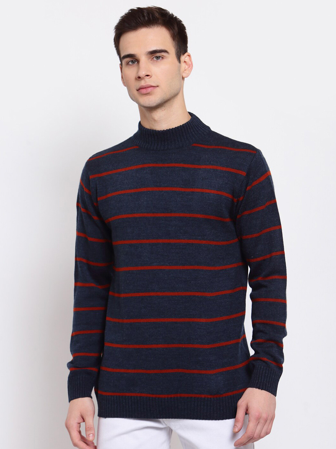 Style Quotient Men Navy Blue & Red Striped Pullover Sweater