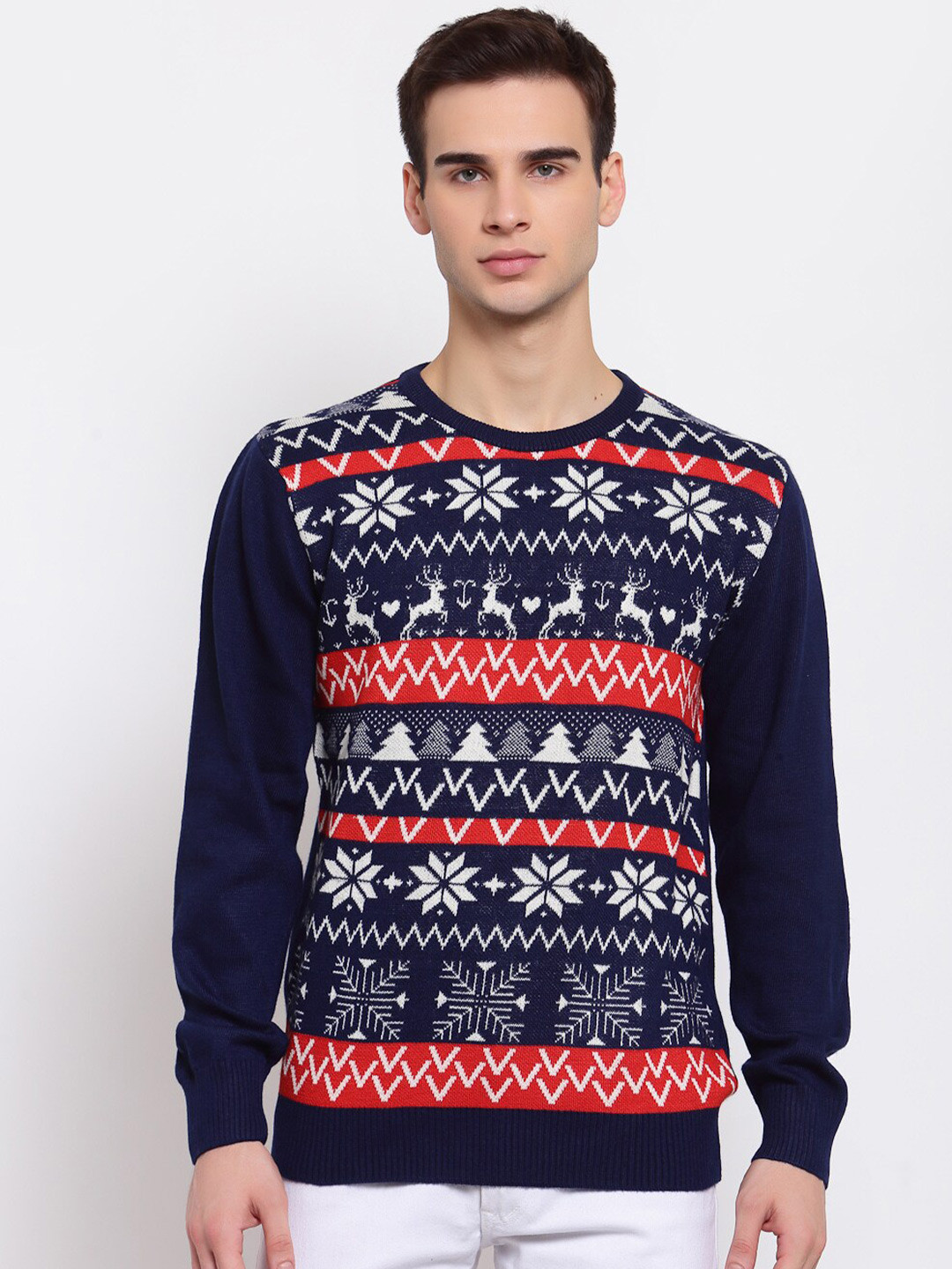 Style Quotient Men Navy Blue & White Christmas Pullover
