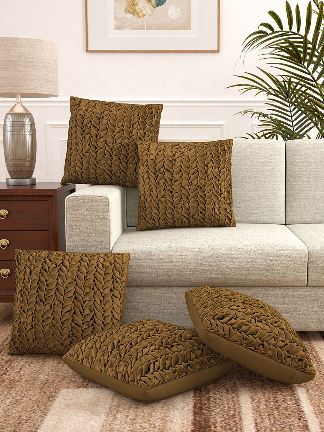 Story@home Yellow Self Design Velvet Washable 5 Piece Square Cushion Covers - 16x16In