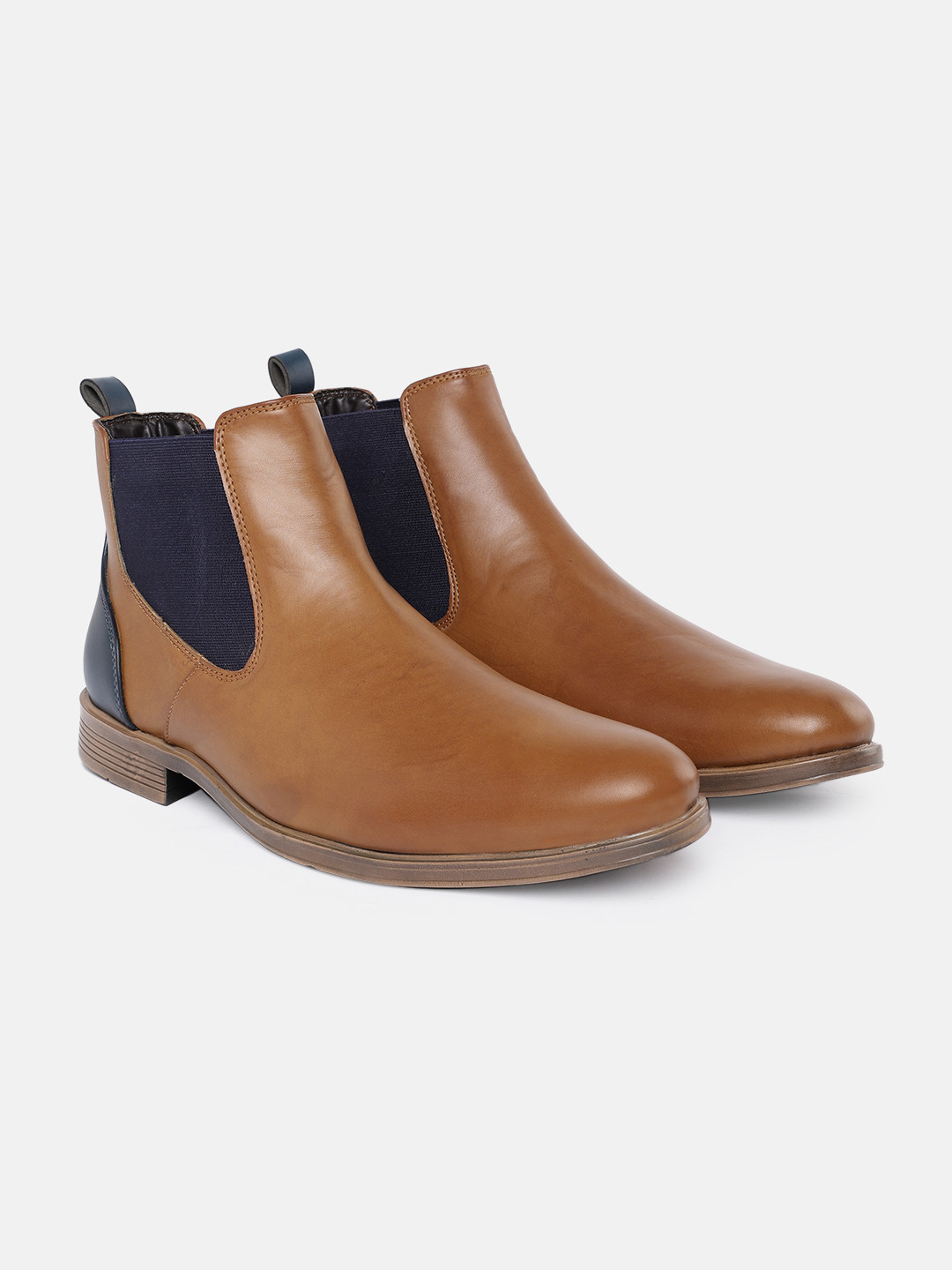 Roadster Men Tan Brown & Navy Blue Mid Top Flat Chelsea Boots