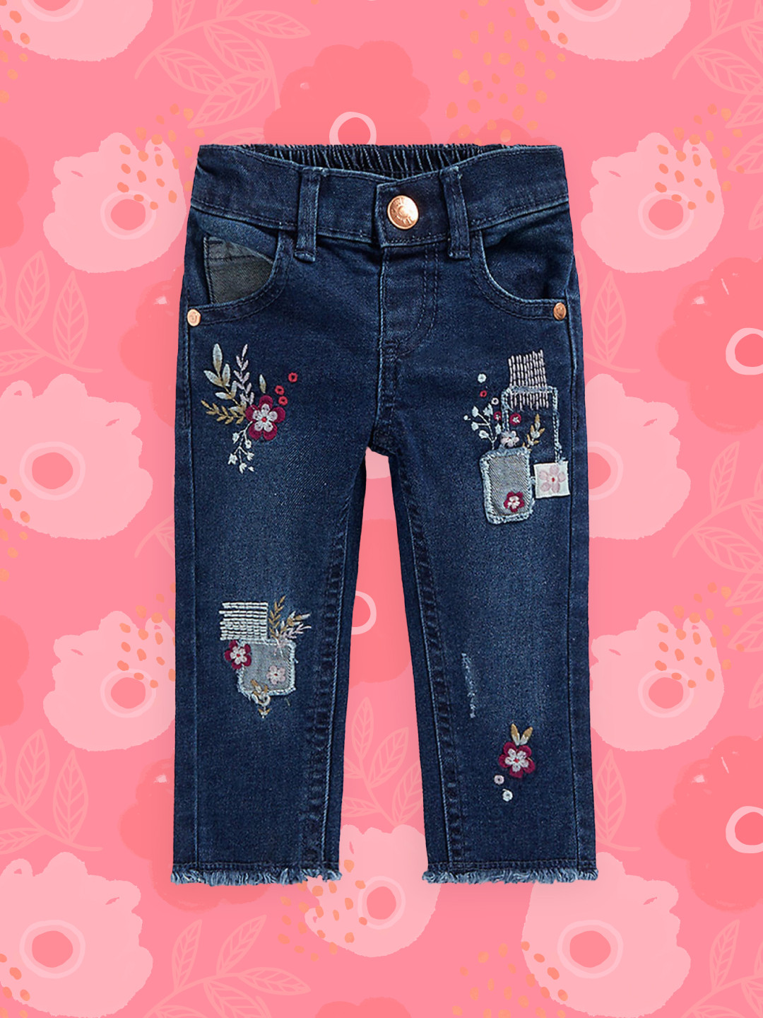 mothercare Girls Blue Regular Fit Embroidered Stretchable Jeans