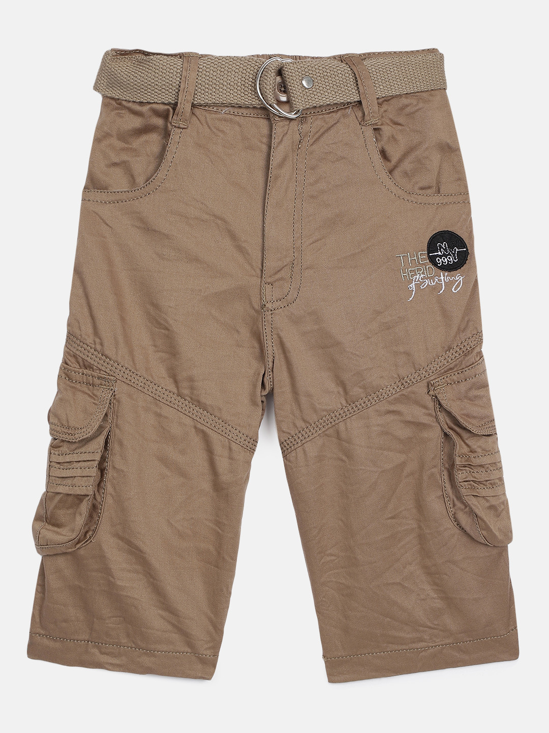 ADBUCKS Boys Beige Relaxed Easy Wash Chambray 3/4th Cargos Trousers