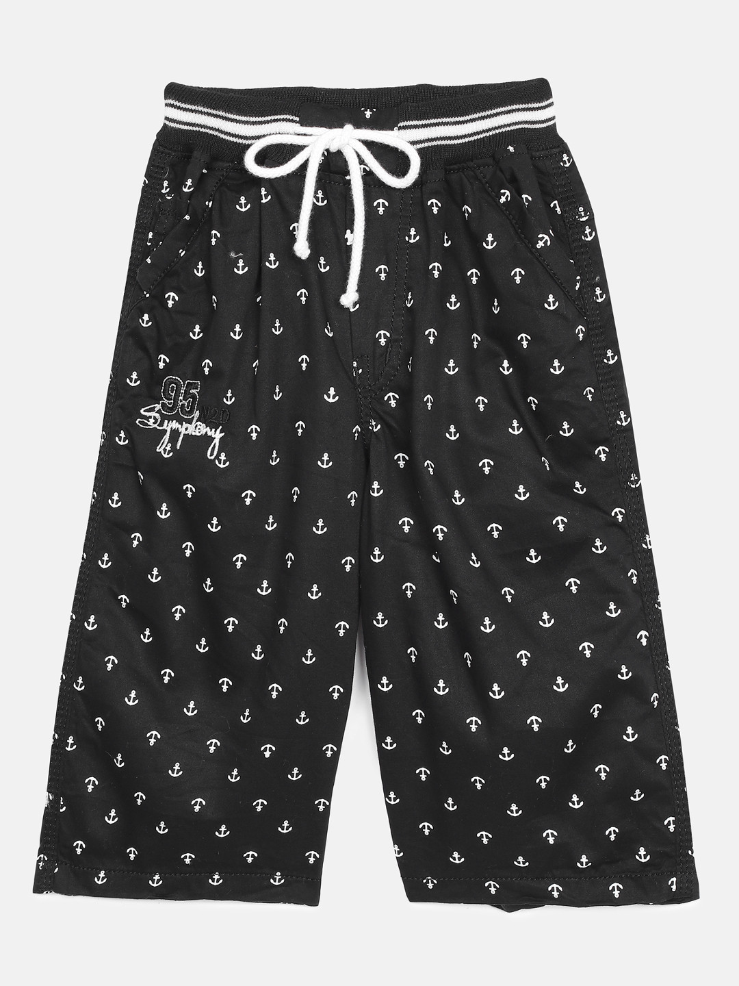 ADBUCKS Boys Black Printed Relaxed Easy Wash 3/4th Chambray Trousers
