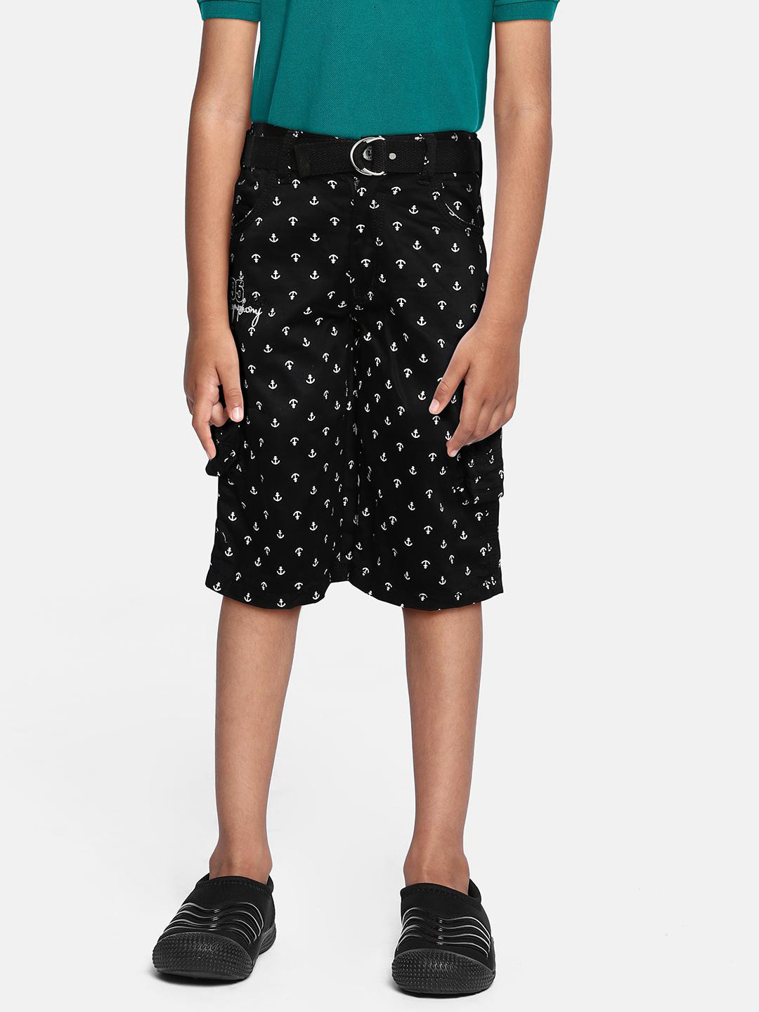 ADBUCKS Boys Black Anchor Printed Relaxed Easy Wash Chambray 3/4th Cargos Trousers