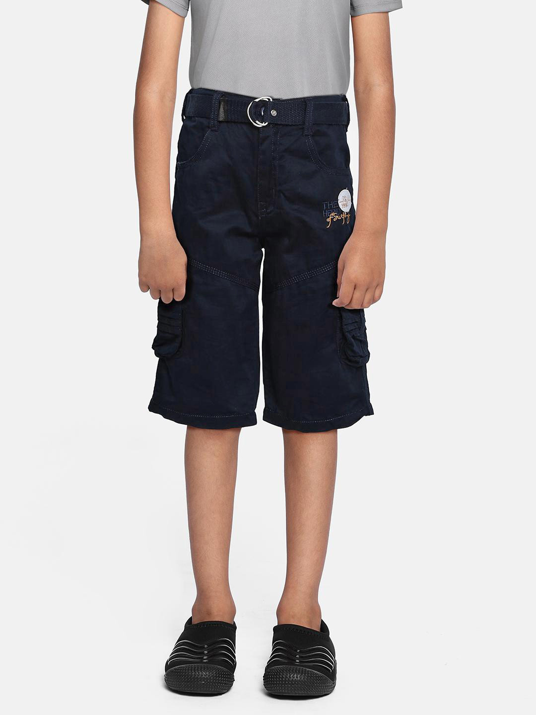 ADBUCKS Boys Blue Relaxed Easy Wash Chambray 3/4th Cargos Trousers