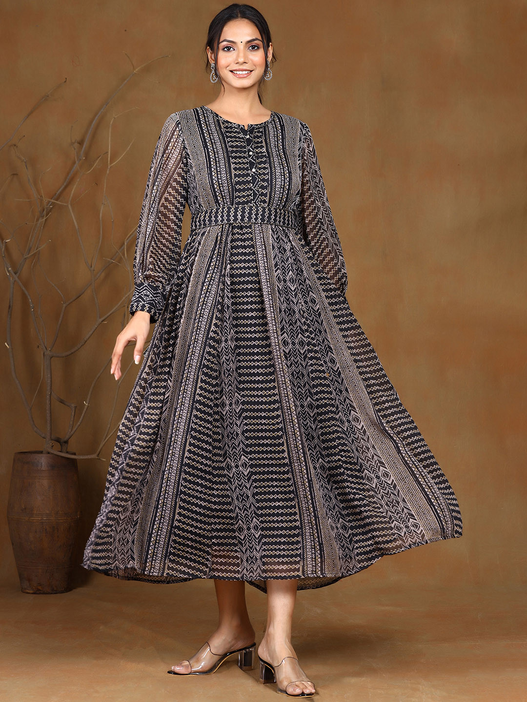 Juniper Black Chiffon Ethnic Midi Dress