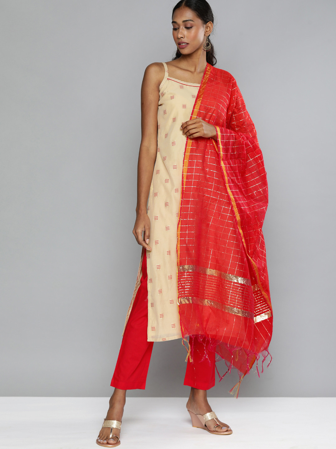 Kvsfab Women Beige Regular Chanderi Silk Kurti with Trousers & With Dupatta