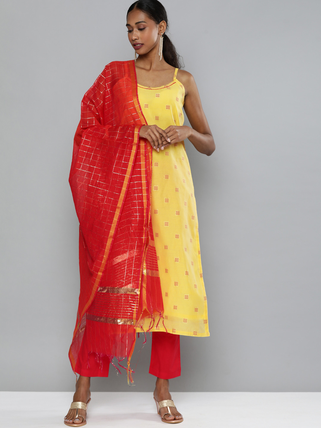 Kvsfab Women Yellow Regular Chanderi Silk Kurti with Trousers & With Dupatta