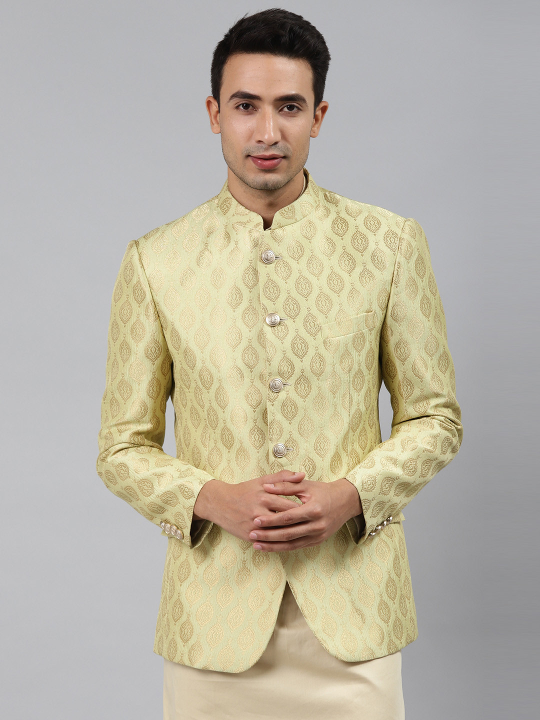MANQ Men Green Self-Design Slim Fit Bandhgala Blazer
