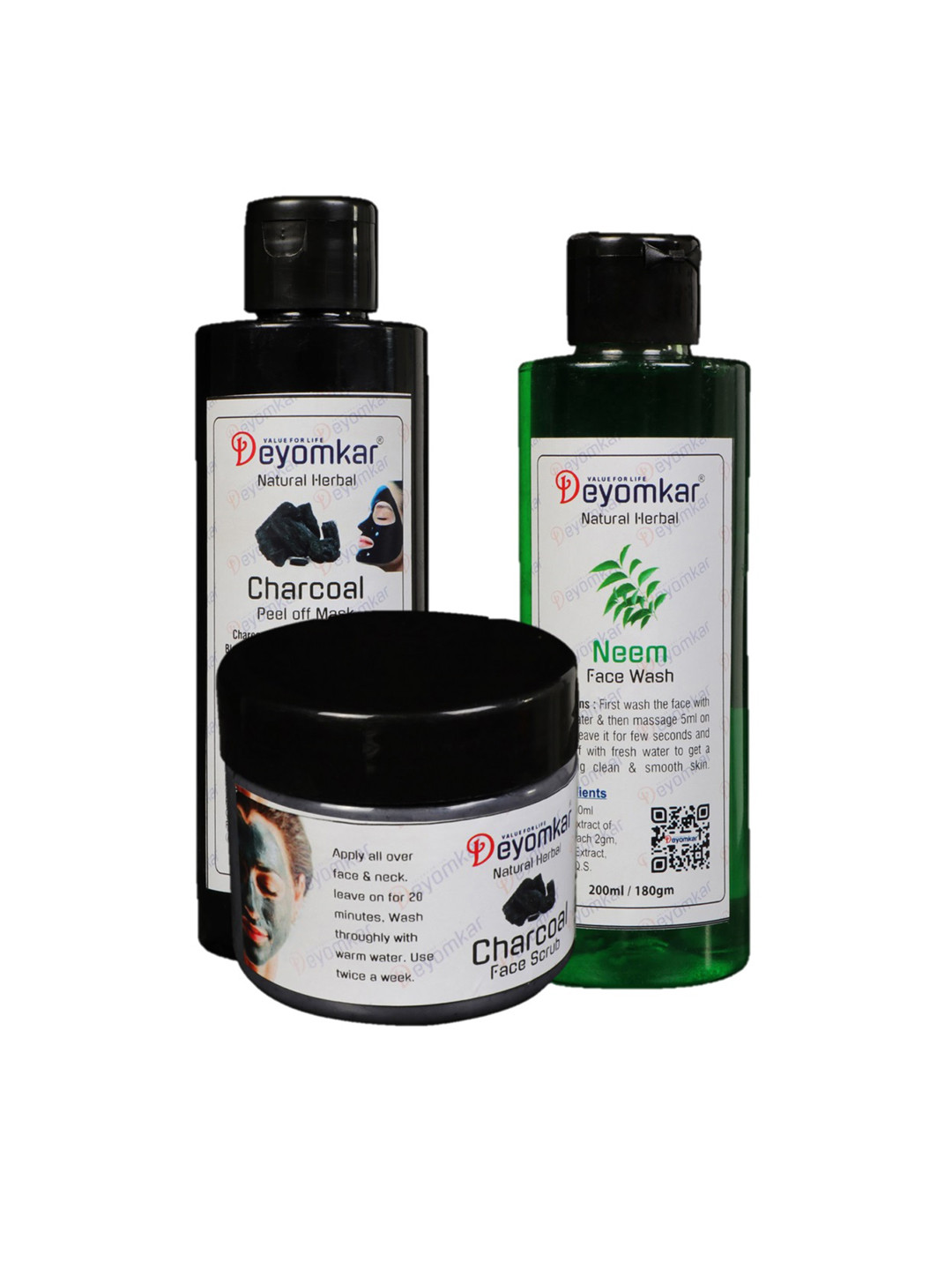 Deyomkar Green Set of 3 Neem Face Wash, Charcoal Scrub and Charcoal Peel off Mask