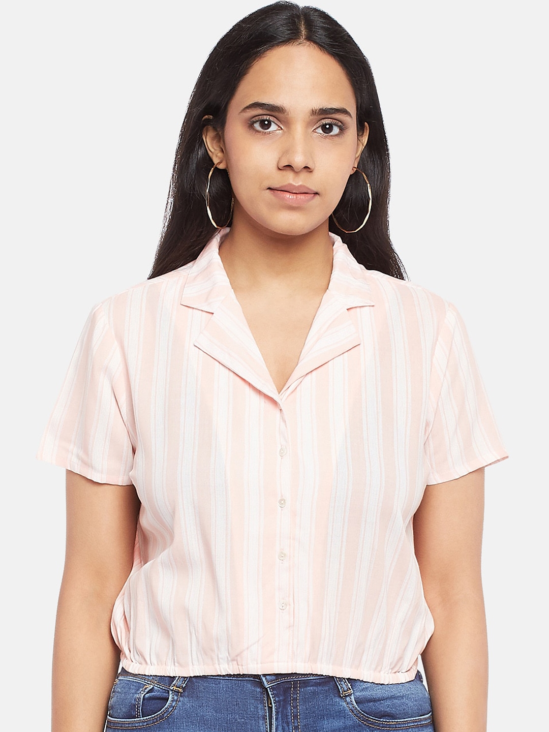 People Women Pink Opaque Striped Casual Shirt