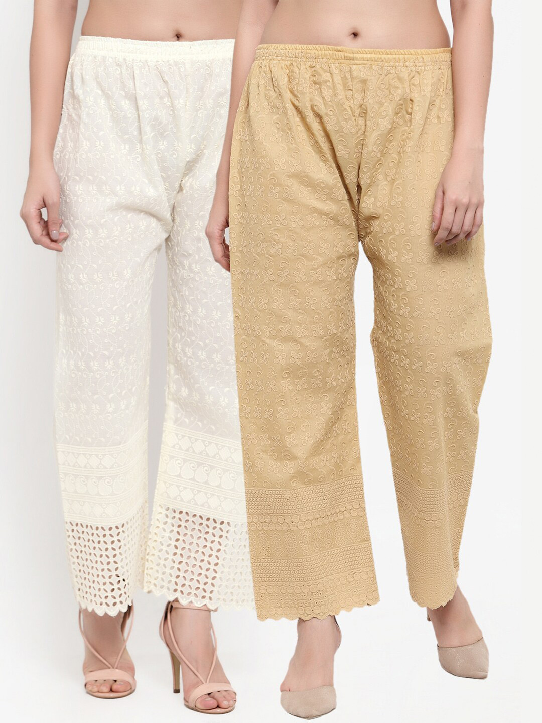 Miaz Lifestyle Women Set of 2 Off White & Beige Floral Embroidered Flared Ethnic Palazzos