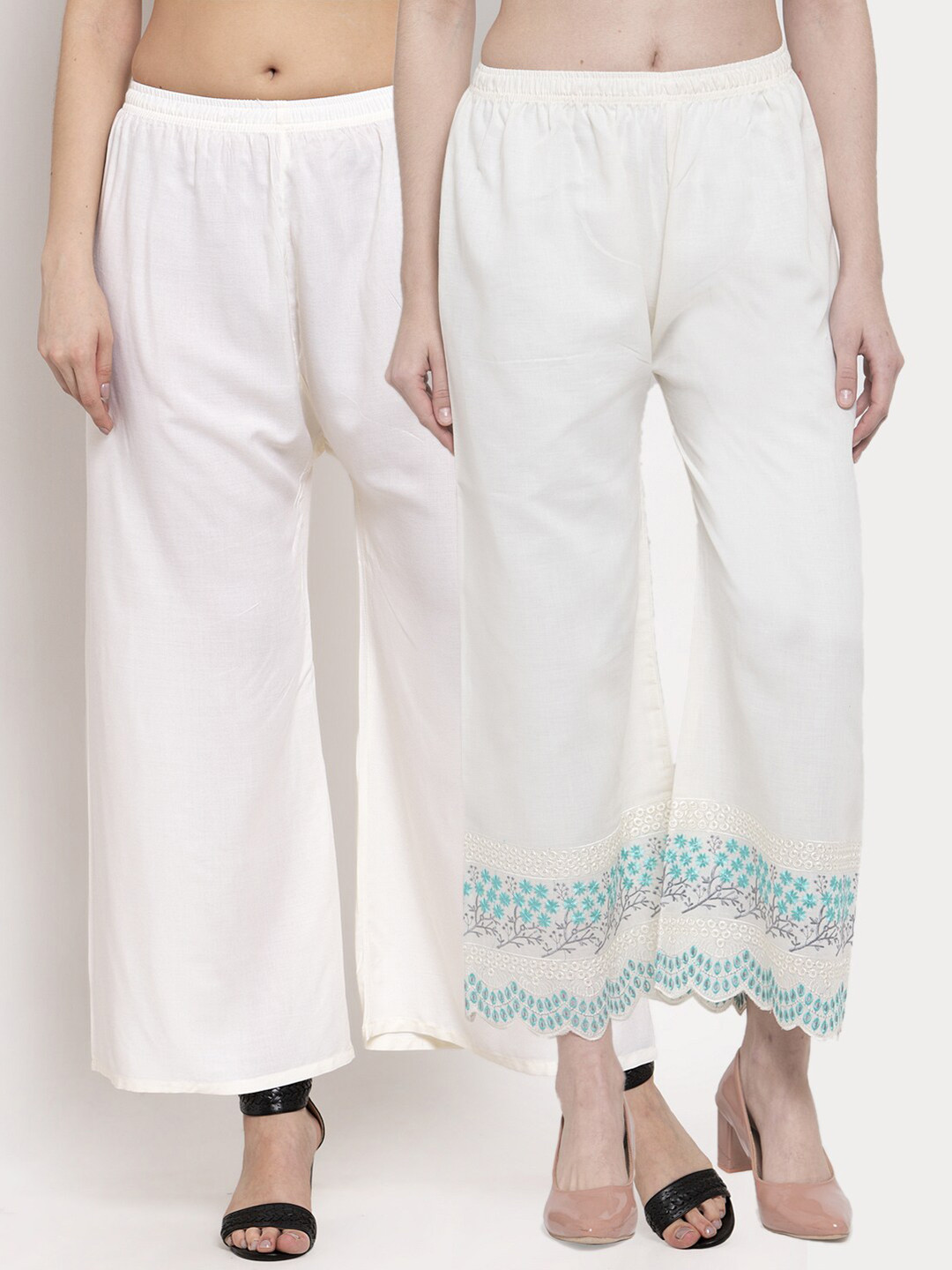 Miaz Lifestyle Women Set of 2 White & Blue Floral Embroidered Ethnic Palazzos