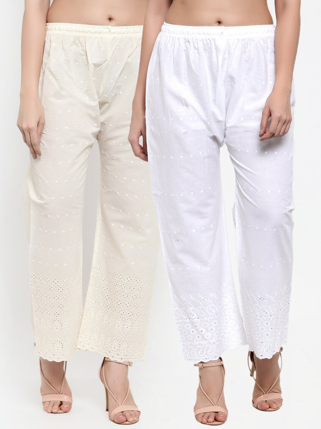 Miaz Lifestyle Women Pack of 2 White & Off-White Pure Cotton Solid Wide Leg Palazzos