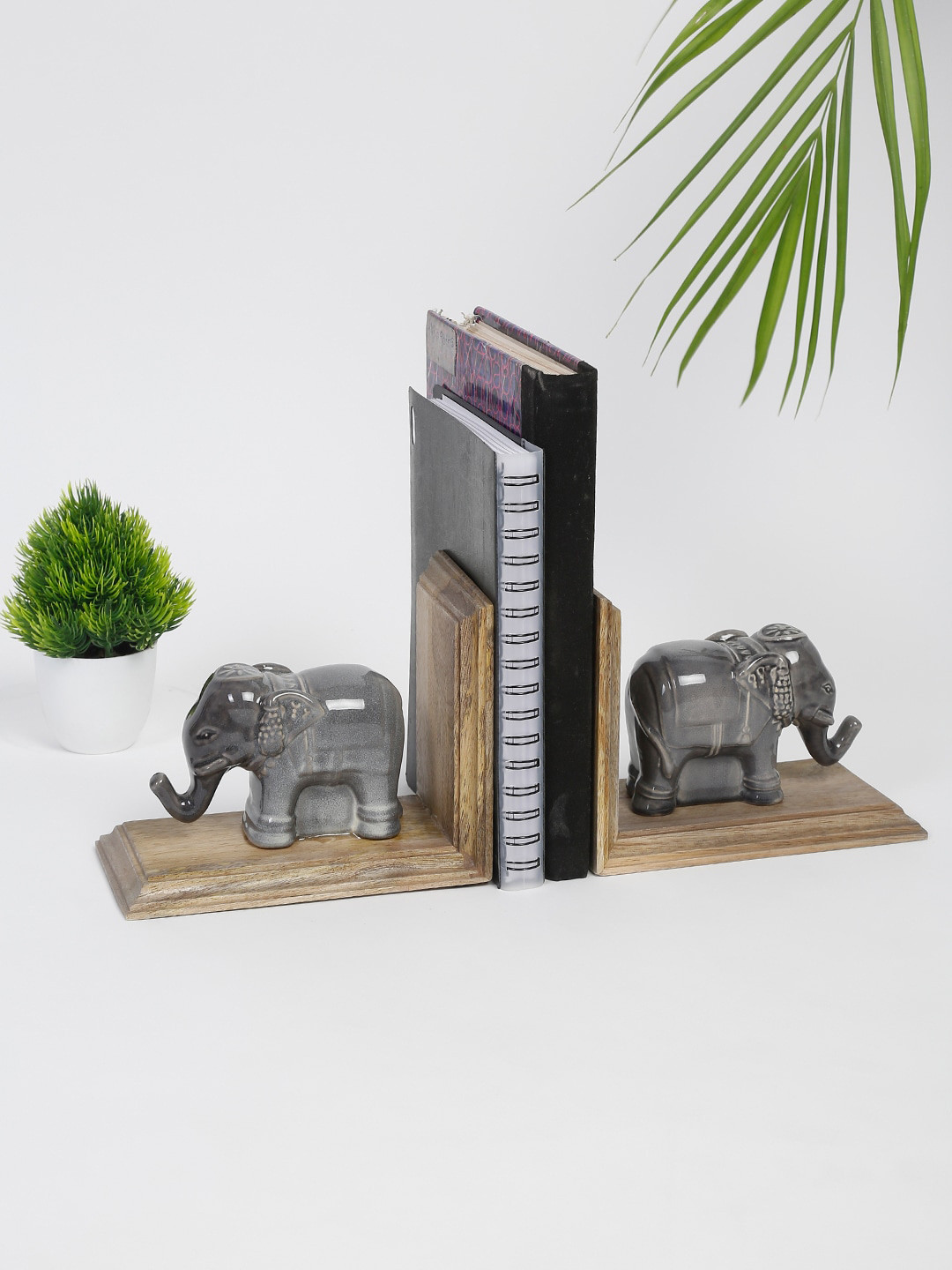 Fabindia Set of 2 Grey Mitul Glazed Elephant-Shape Ceramic Wood Book Ends