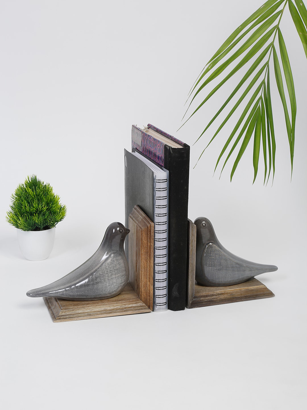 Fabindia Set of 2 Grey Mitul Glazed Bird-Shape Ceramic Wood Book Ends