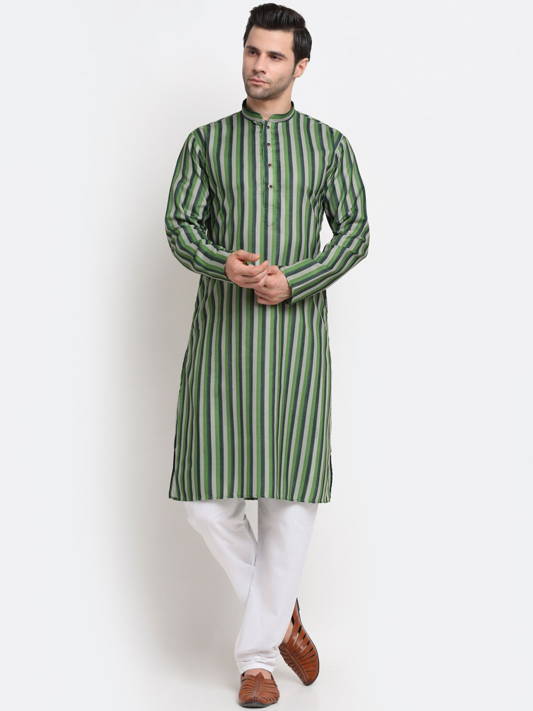 KRAFT INDIA Men Green Striped Regular Pure Cotton Kurta with Pyjamas