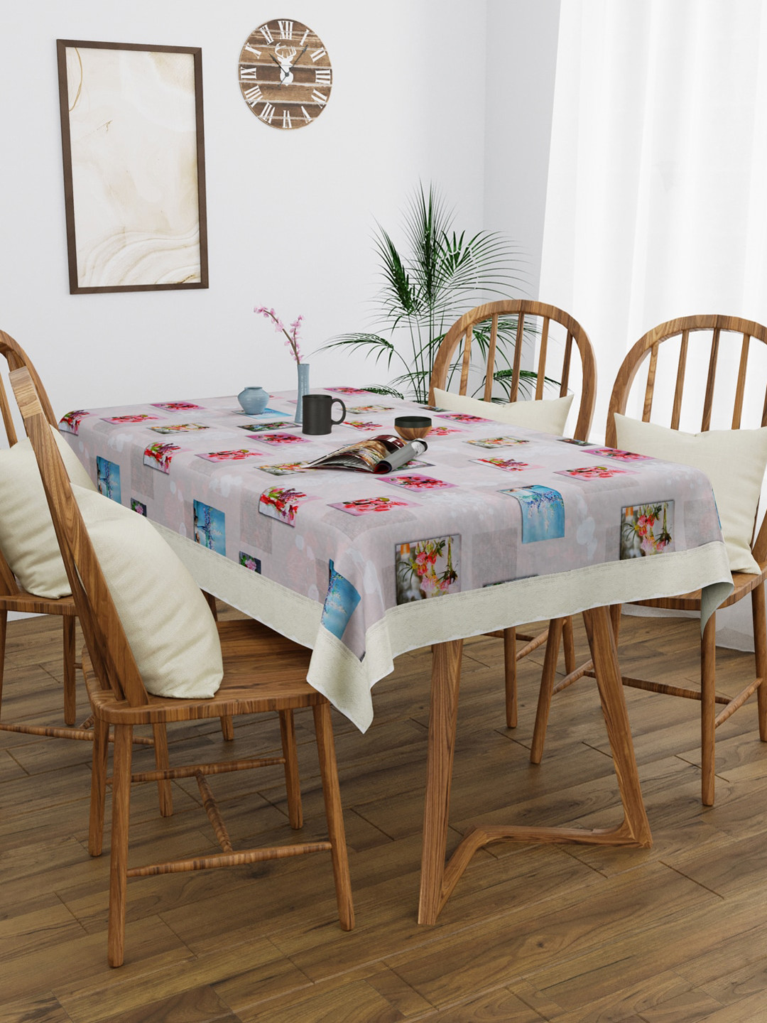 Clasiko Grey & Pink Floral Printed 4-Seater Table Cover