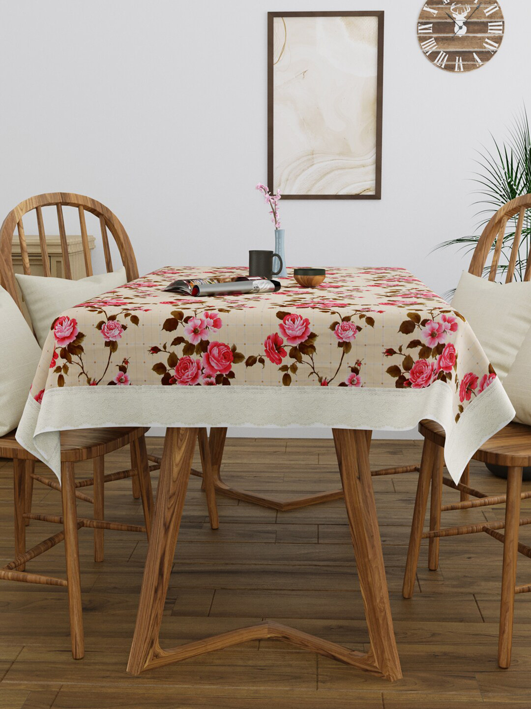 Clasiko Beige & Pink Floral Printed 4-Seater Table Cover