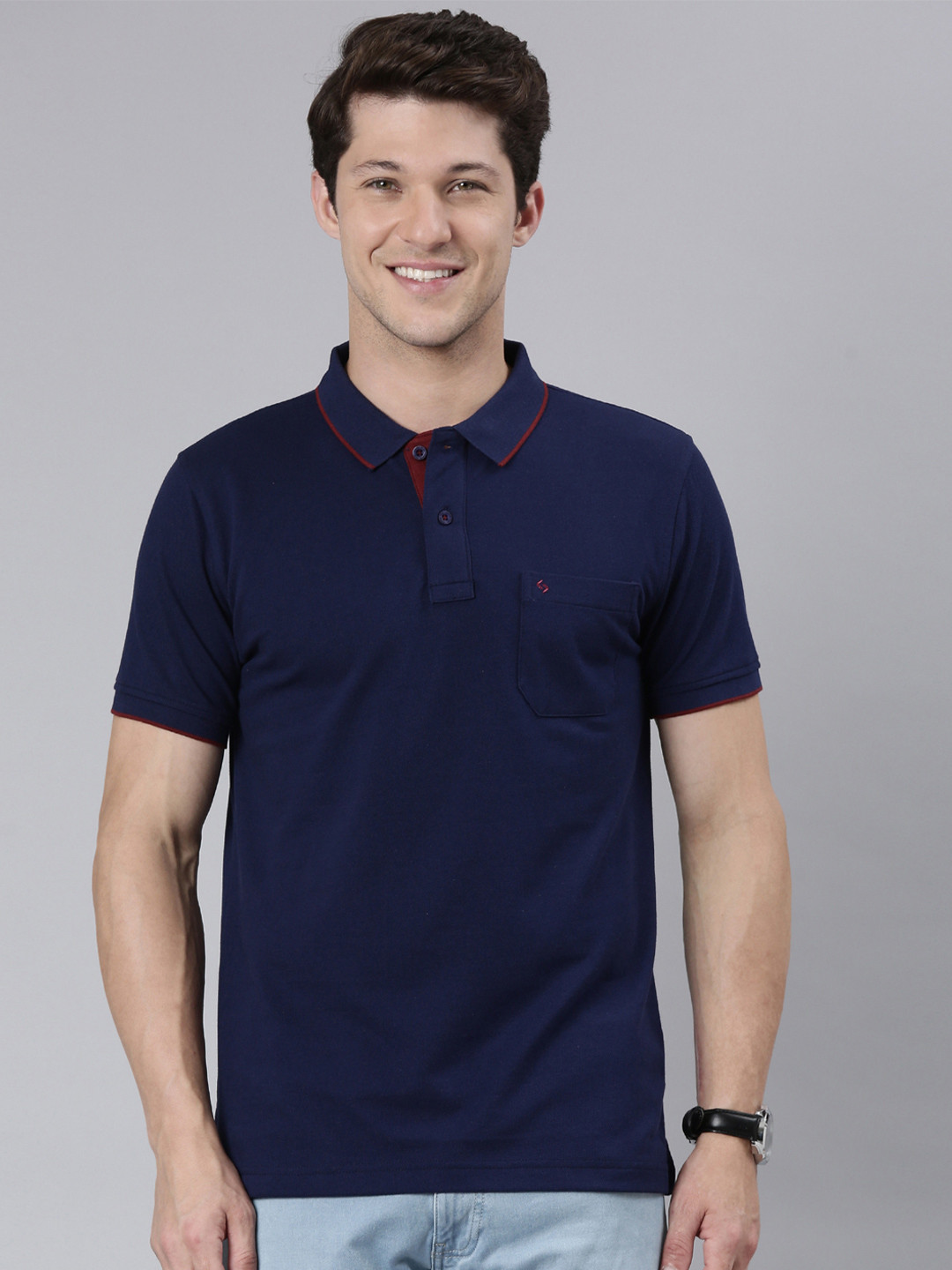 Classic Polo Men Navy Blue Polo Collar T-shirt