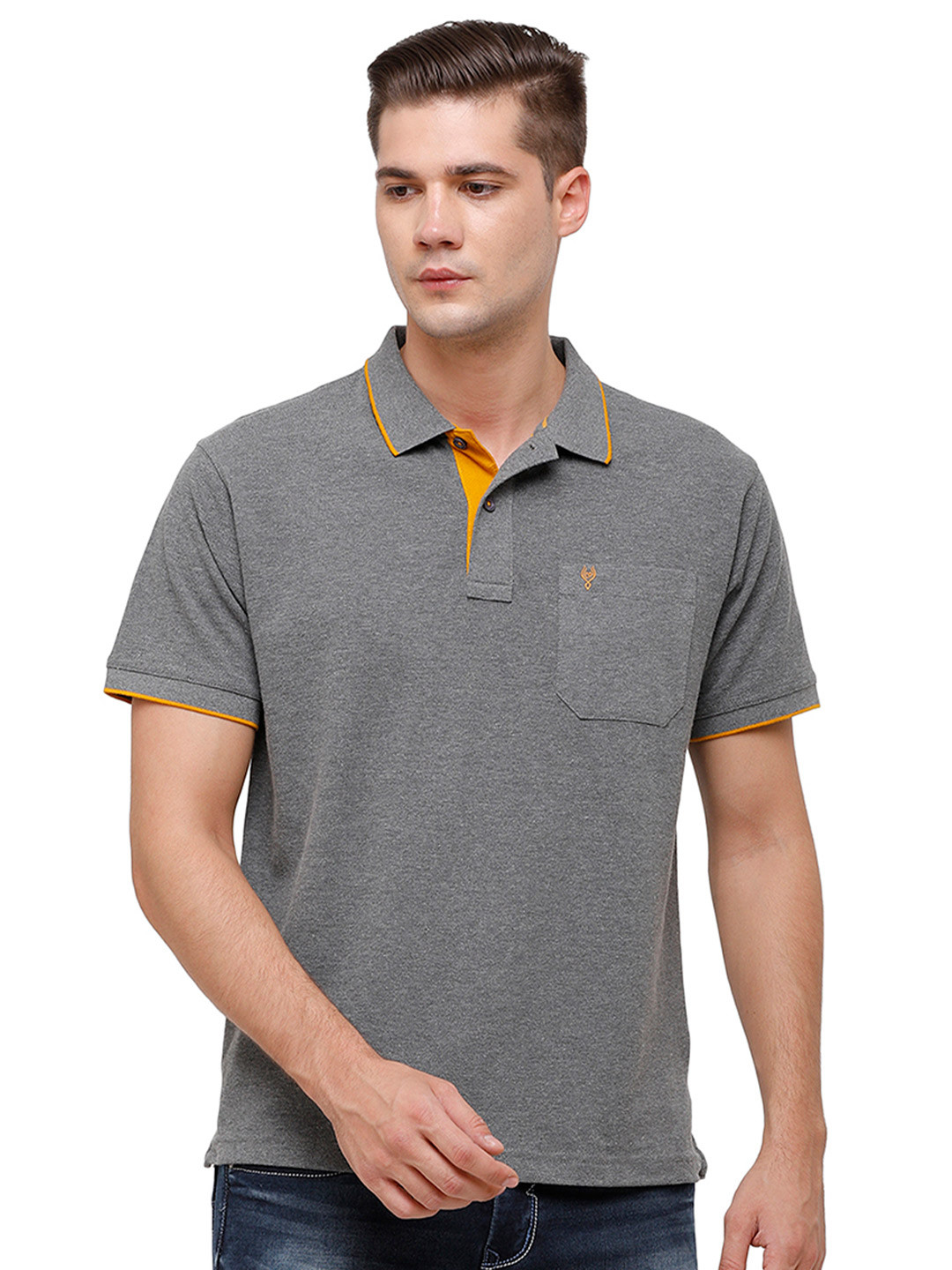 Classic Polo Men Grey Melange Polo Collar T-shirt