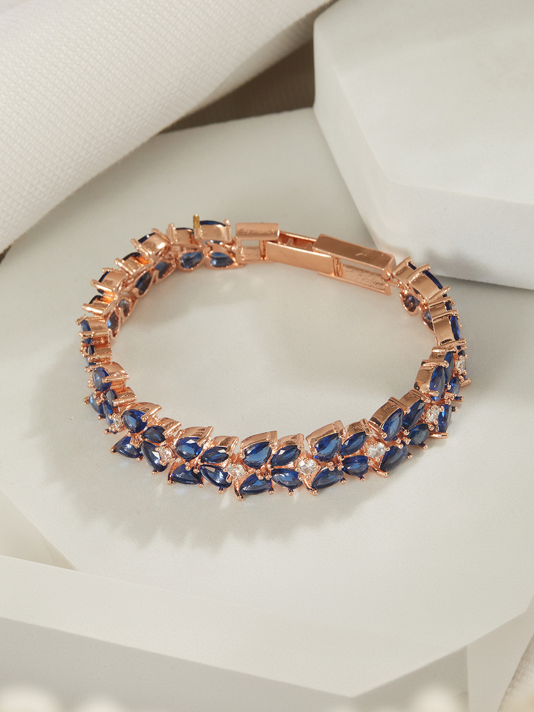Saraf RS Jewellery Women Blue & Rose Gold-Toned American Diamond Wraparound Bracelet