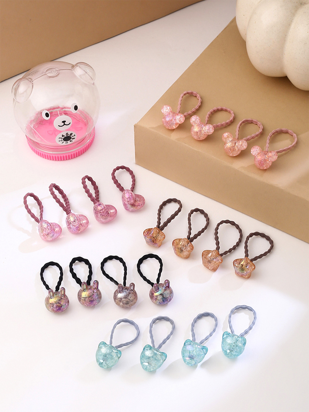 Yellow Chimes Set of 20 Girls Blue & Pink Ponytail Holders with Teddy Bear Storage Box