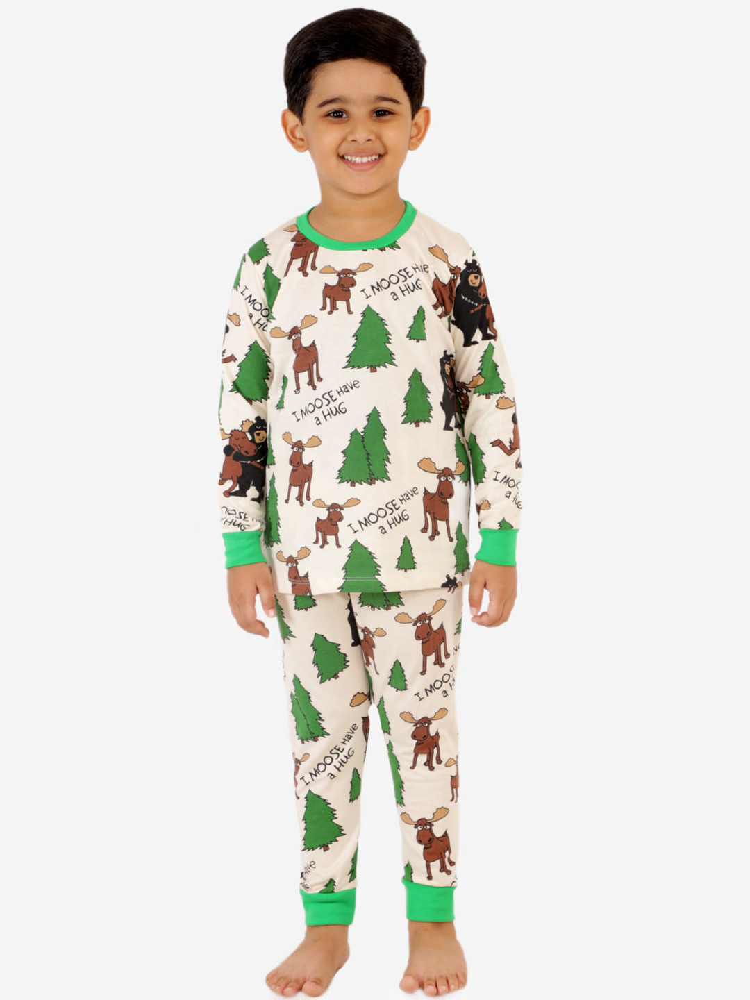 Lazy Shark Boys Cream-Coloured & Green Printed Night Suit