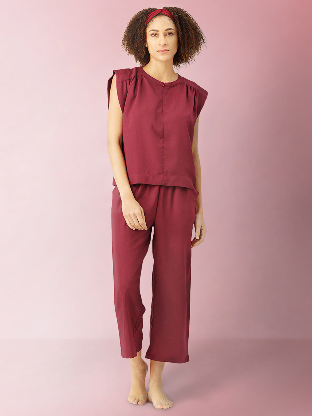 LILL Women Maroon Solid Pyjama Set