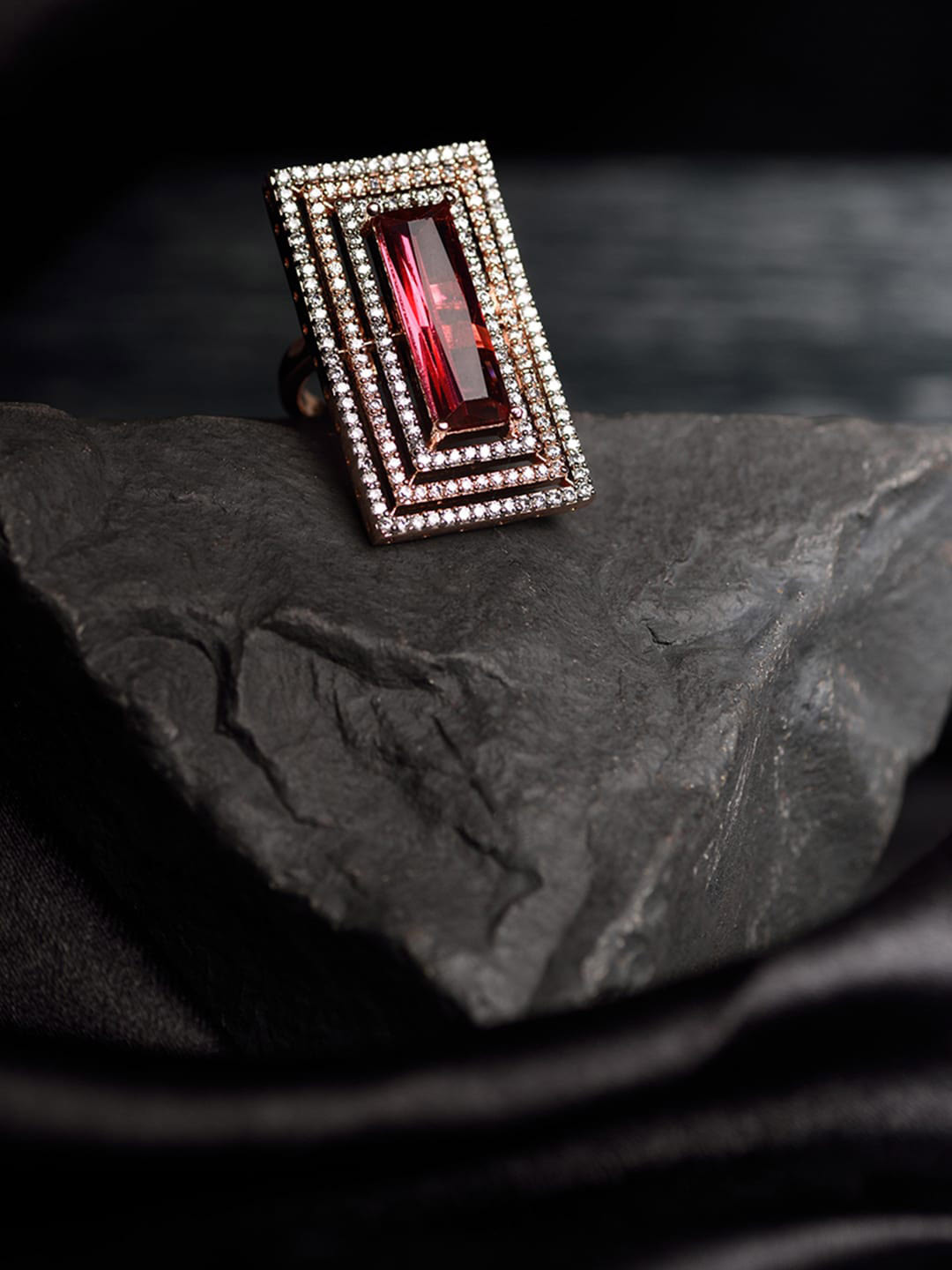 Saraf RS Jewellery Rose-Gold Plated Pink Studded Solitaire Adjustable Cocktail Finger Ring