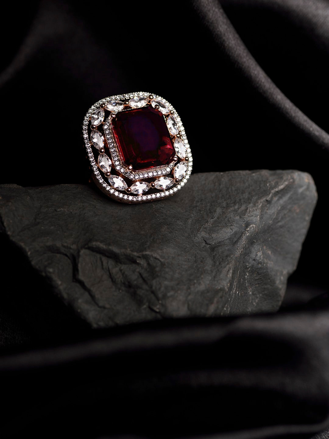 Saraf RS Jewellery Rose Gold-Plated Red & White Ruby & AD-Studded Adjustable Finger Ring