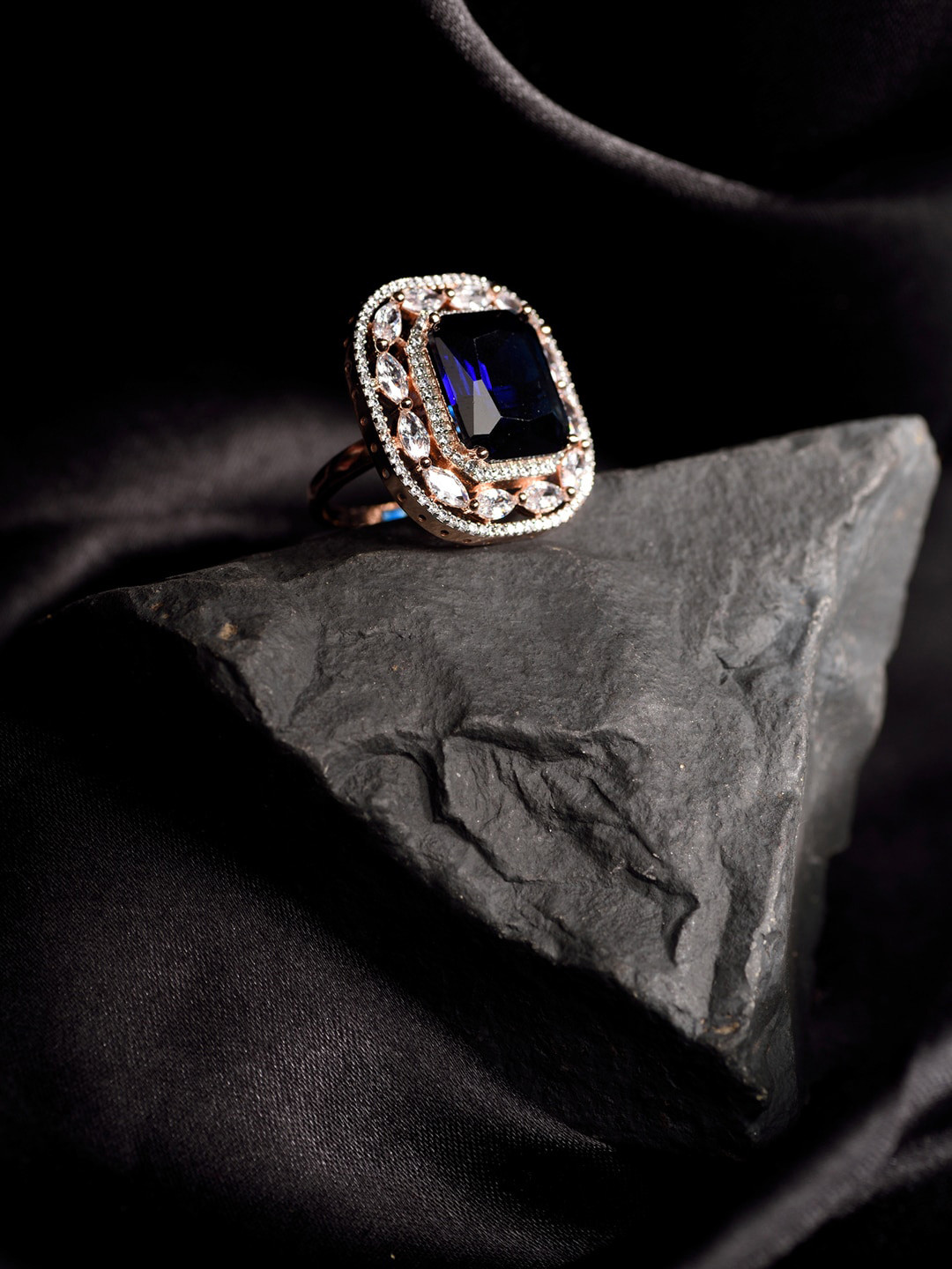 Saraf RS Jewellery Rose Gold-Plated Blue & White AD-Studded Handcrafted Adjustable Finger Ring