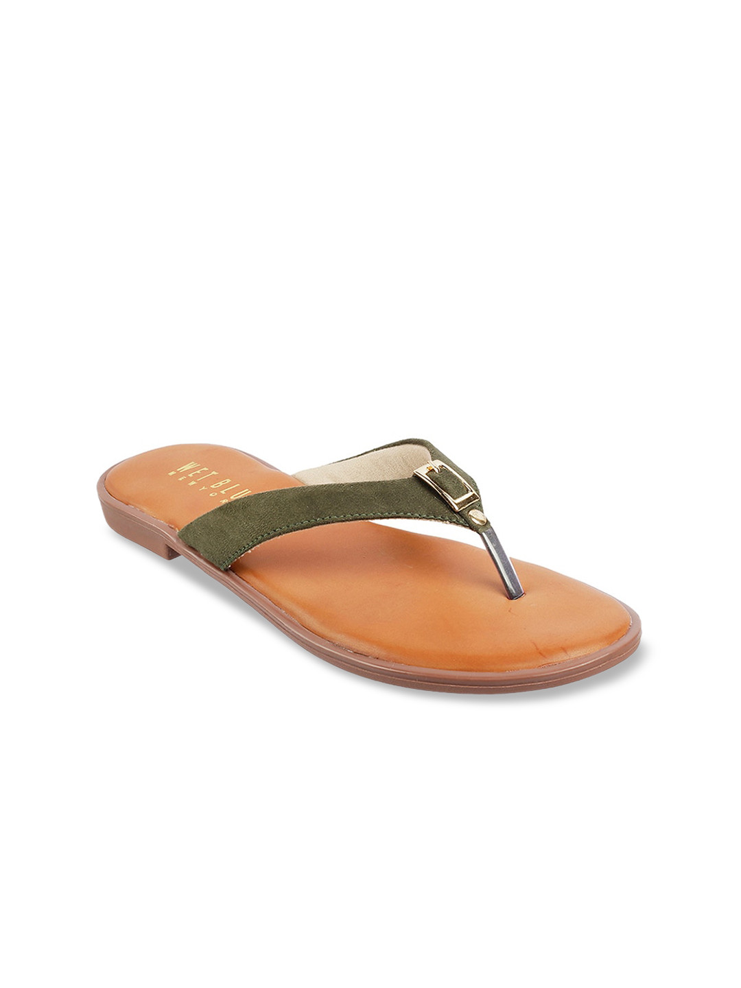 Wet Blue Women Green & Gold-Toned T-Strap Flats
