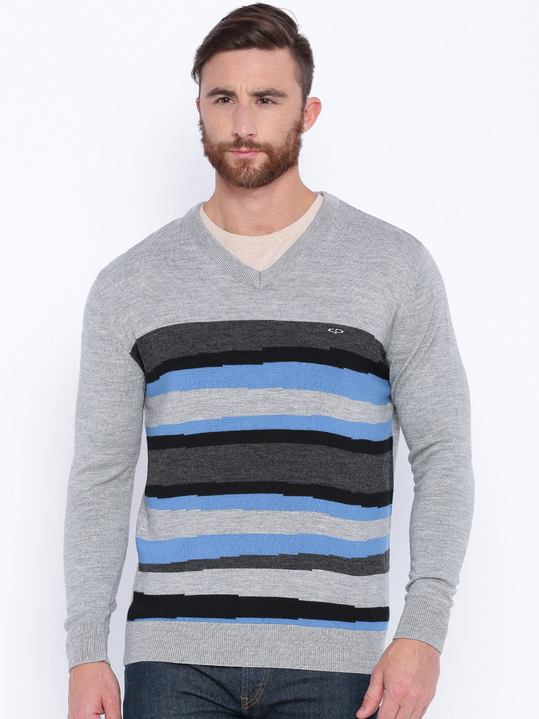 ColorPlus Men Grey & Blue Striped Sweater