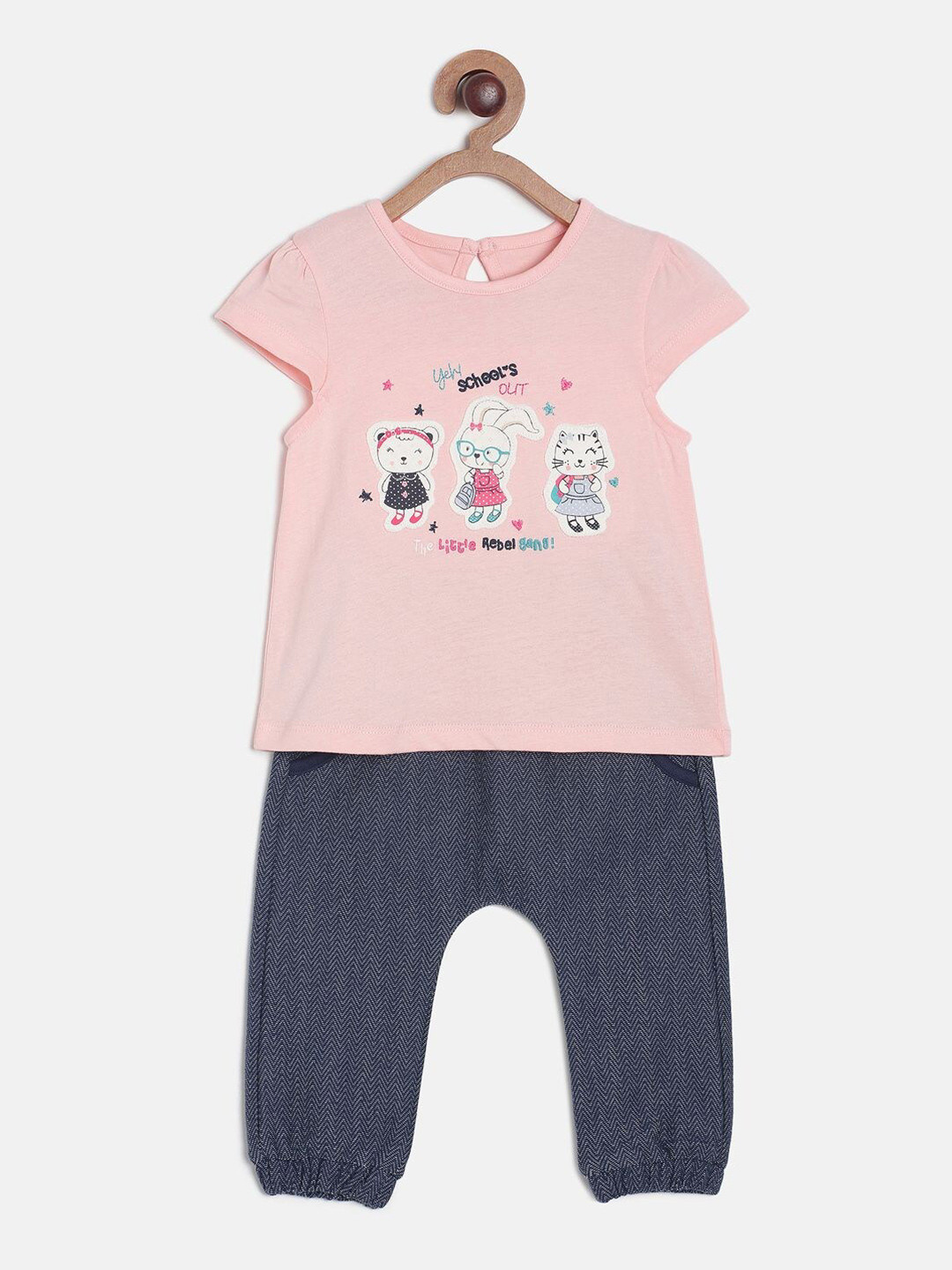 MINI KLUB Girls Pink & Navy Blue Printed Top with Pyjamas