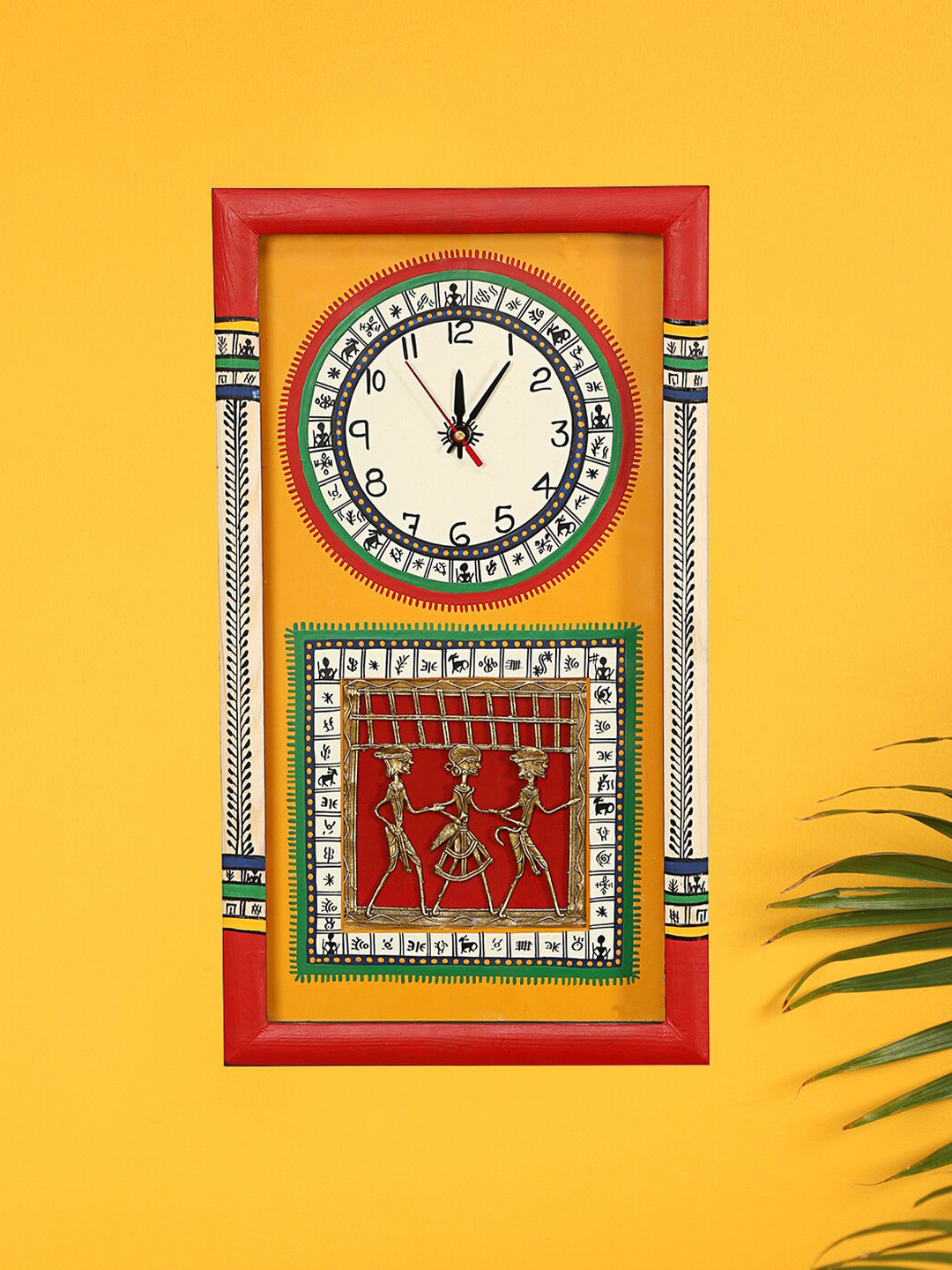 AAKRITI ART CREATIONS Red & Yellow Warli Art Printed Rectangle Wood Analogue Wall Clock