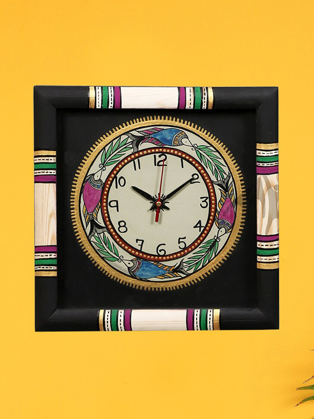 AAKRITI ART CREATIONS Warli Art Black Wood Handcrafted Square Battery Analogue Wall Clock