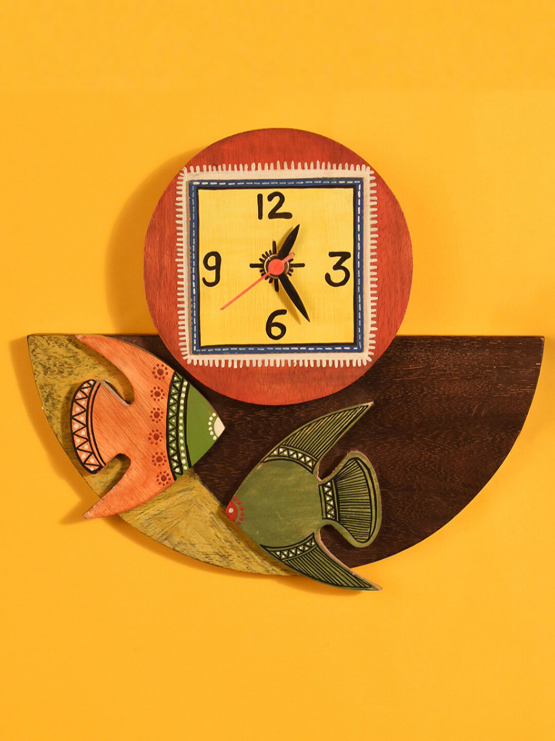 AAKRITI ART CREATIONS  Multi-Coloured Wooden Tribal Art Abstract Analogue Wall Clock