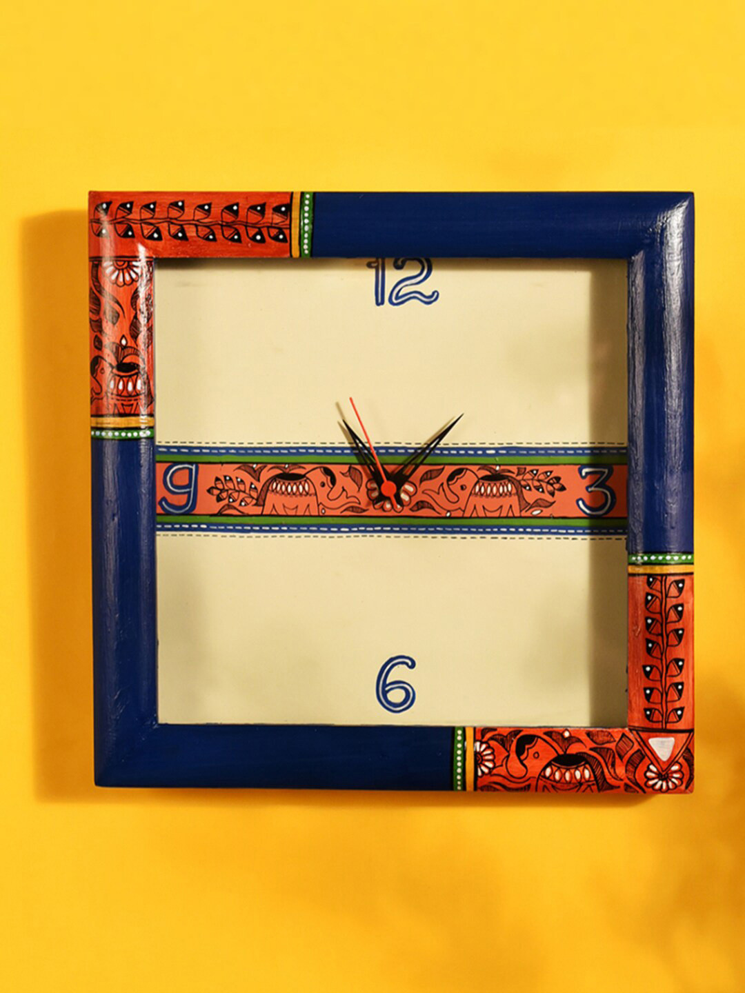 AAKRITI ART CREATIONS Madhubani Art Wood Handcrafted Square Battery Analogue Wall Clock