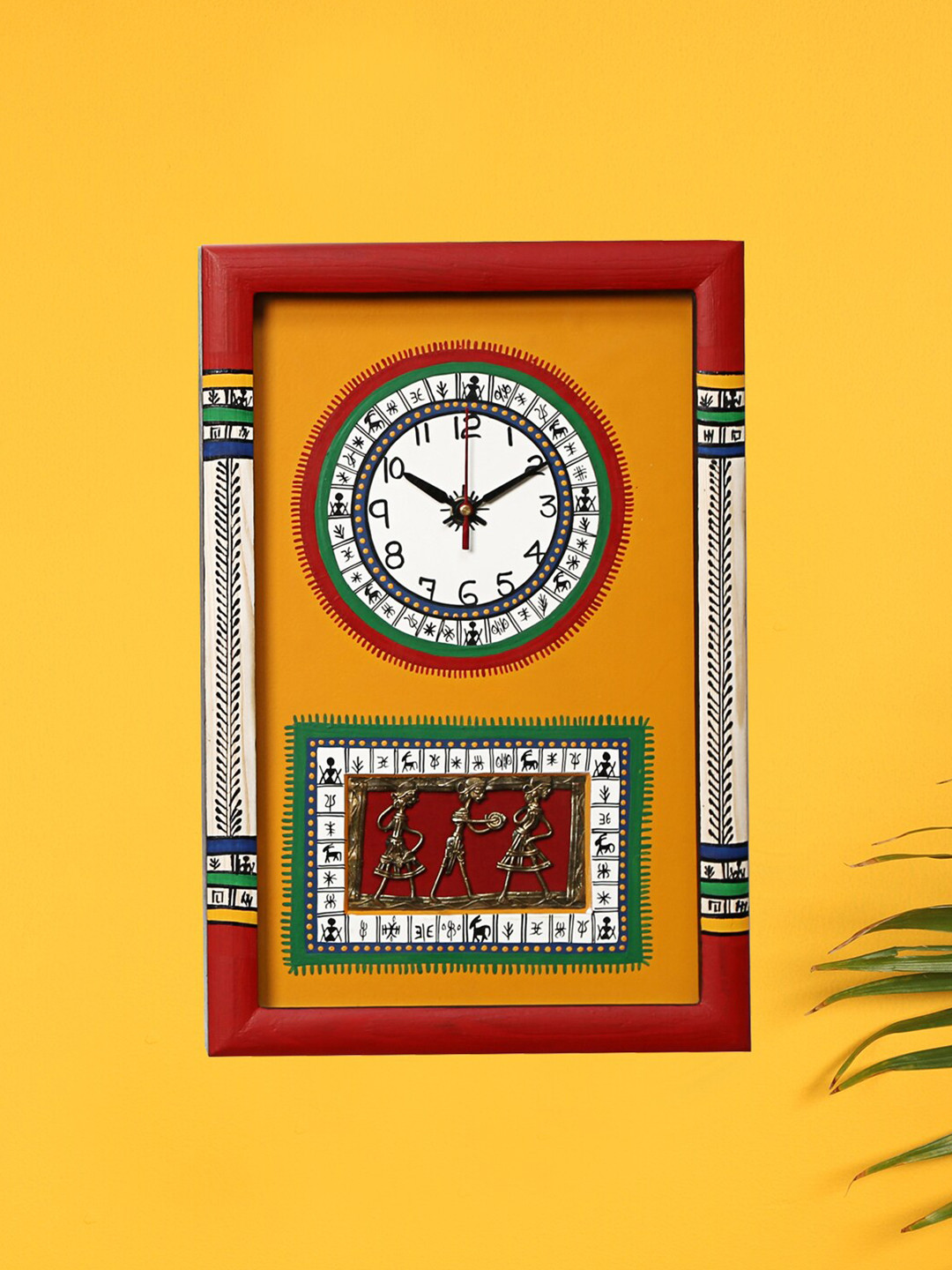 AAKRITI ART CREATIONS Red & Yellow Warli Art Printed Rectangle Wood Analogue Wall Clock