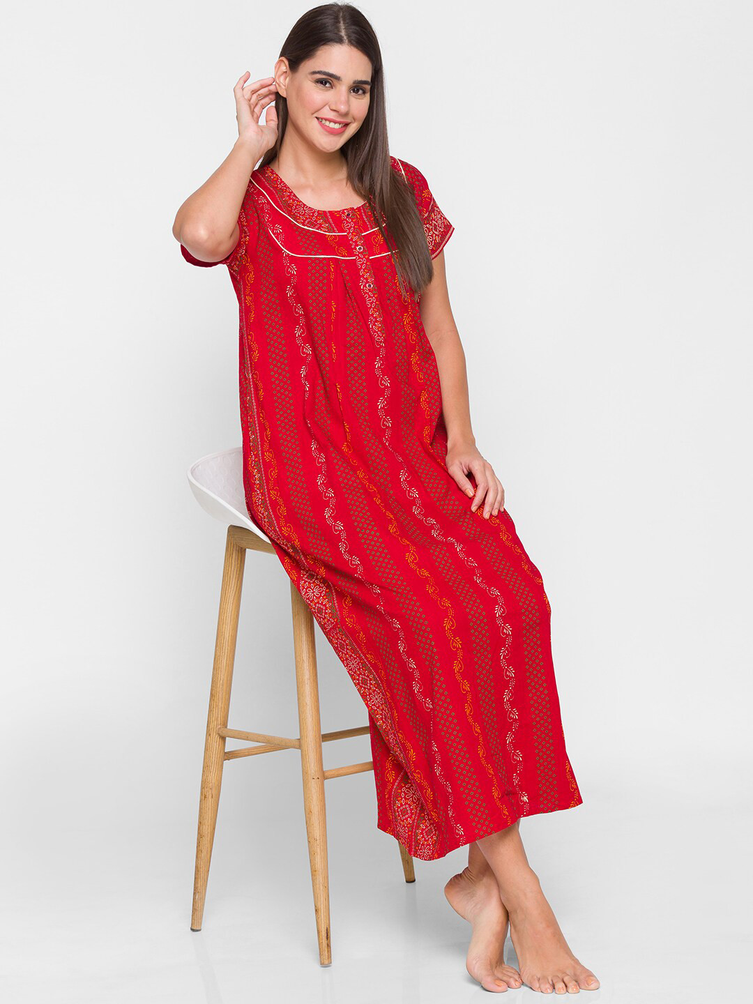 AV2 Red Printed Maxi Pure Cotton Maternity Nursing Nightdress