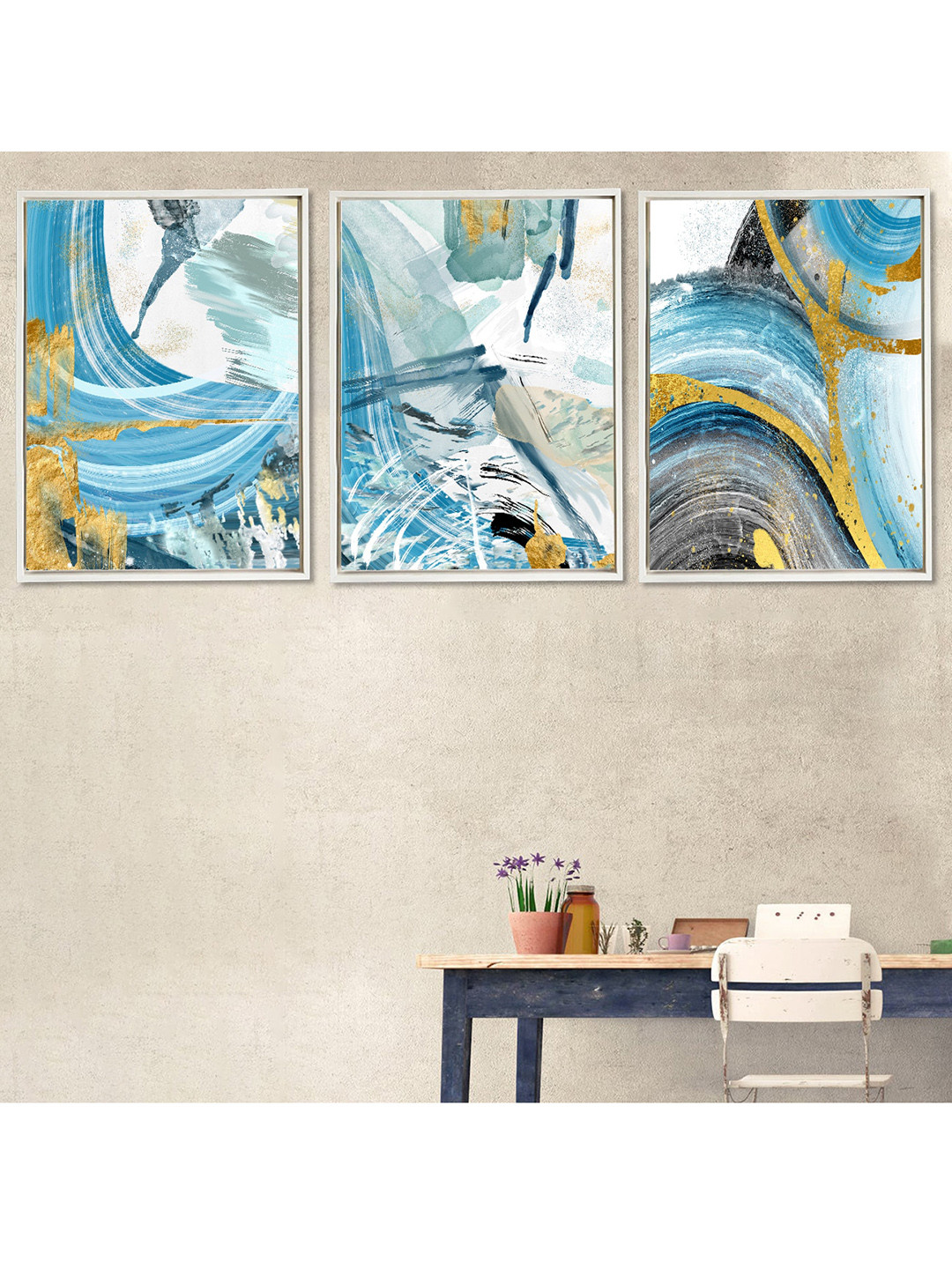 Art Street Set Of 3 White & Blue Abstract Theme Hand-Painted Framed Wall Art