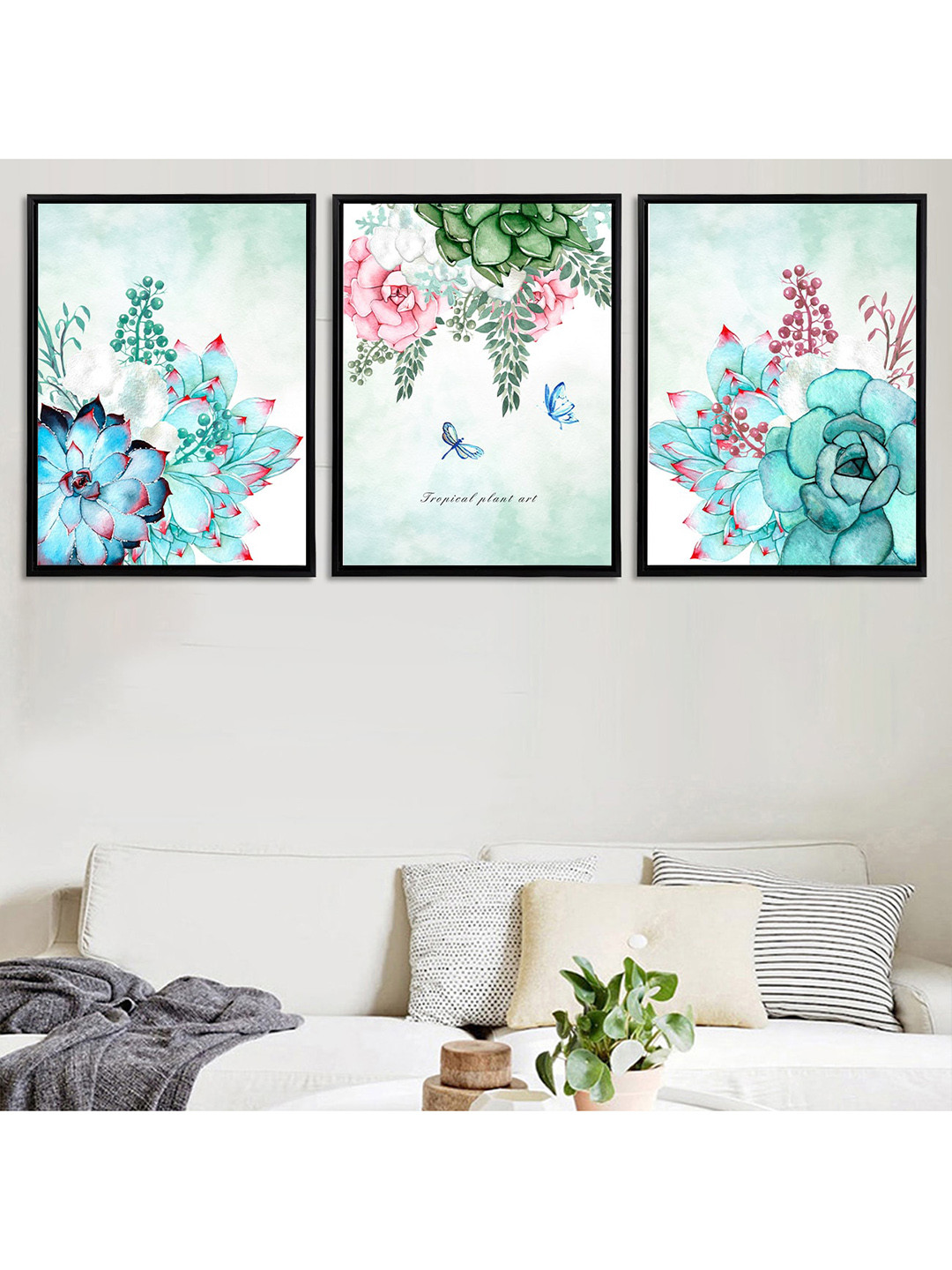 Art Street Set Of 3 White & Green Floral Theme Hand-Painted Framed Wall Arts