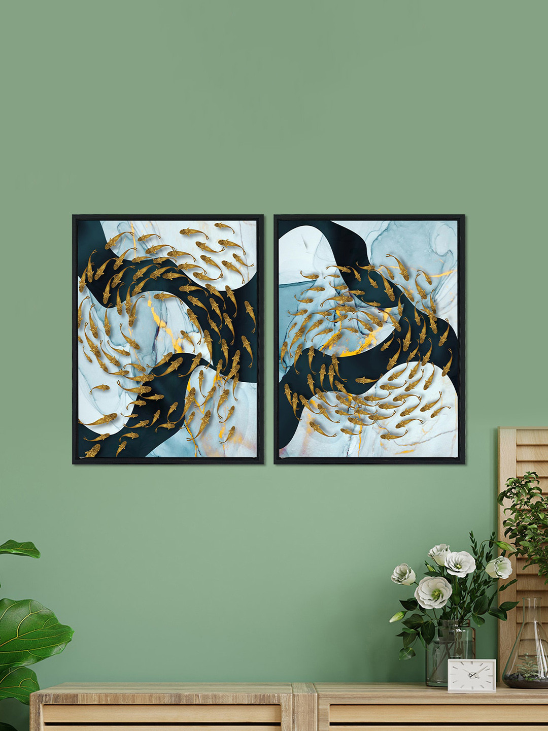 Art Street Set Of 2 Blue & Gold-Toned Abstract Theme Framed Art Print Paintings