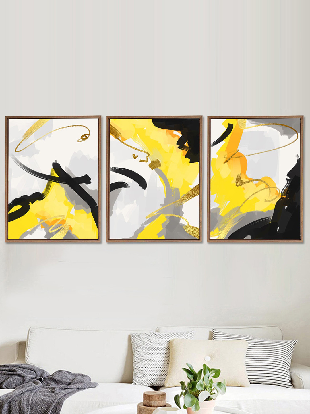 Art Street Set Of 3 Black & Yellow Abstract Theme Hand-Painted Framed Wall Art